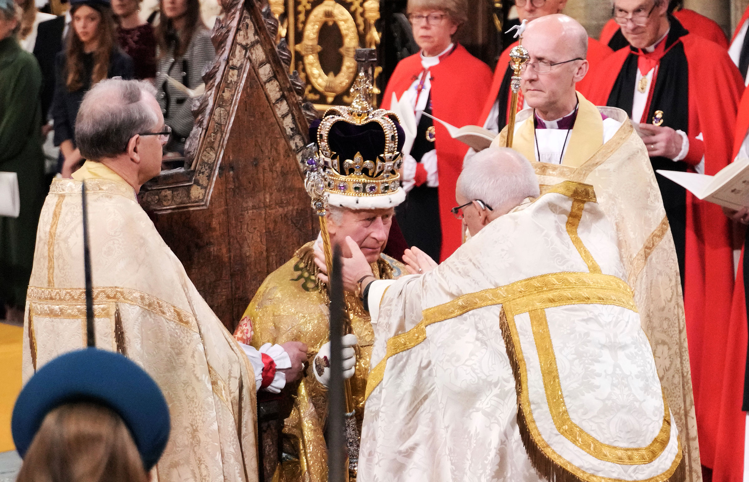 King Charles III receives the St Edward's Crown during his coronation ceremony in Westminster Abbey, London on May 6, 2023.