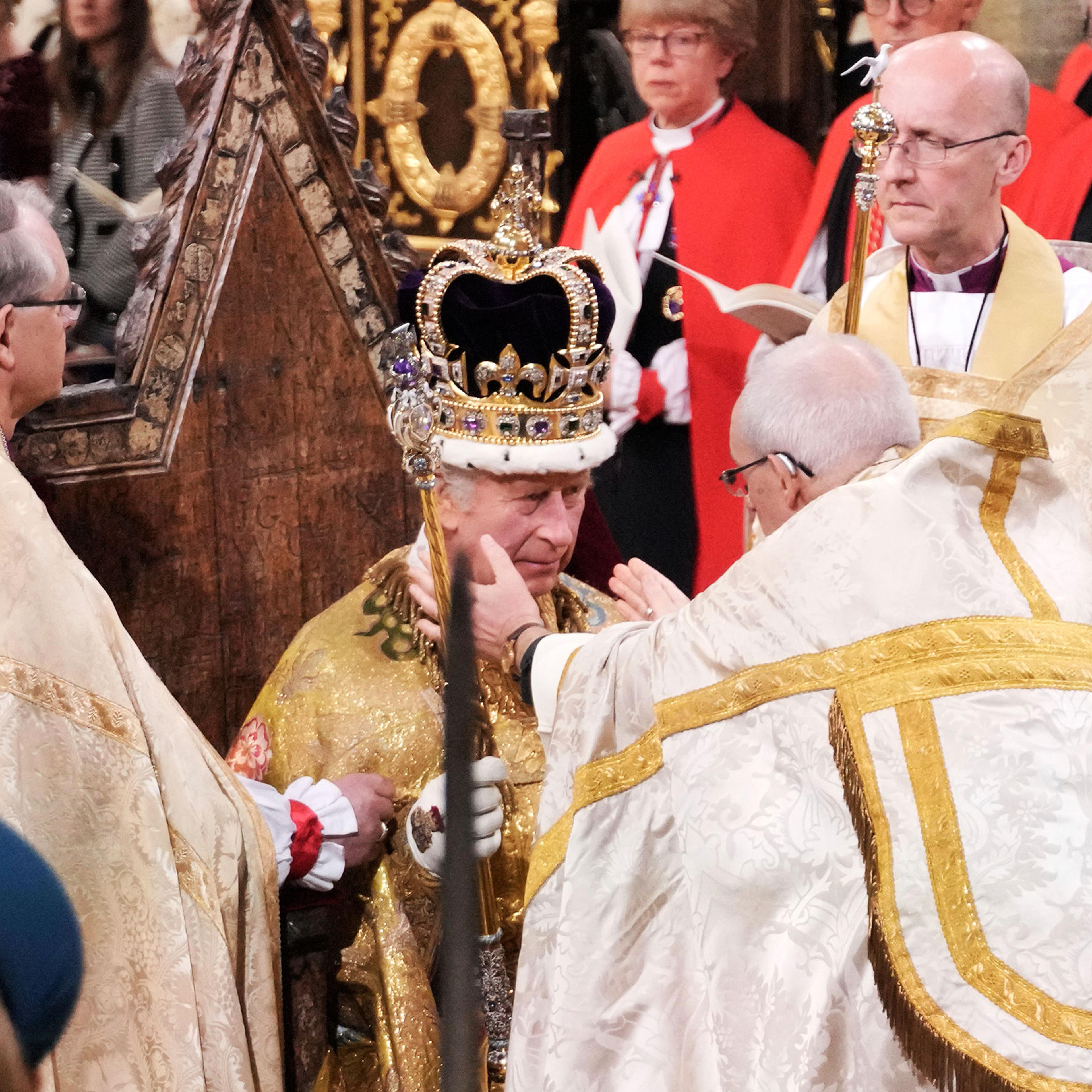 King Charles III receives the St Edward's Crown during his coronation ceremony in Westminster Abbey, London on May 6, 2023.