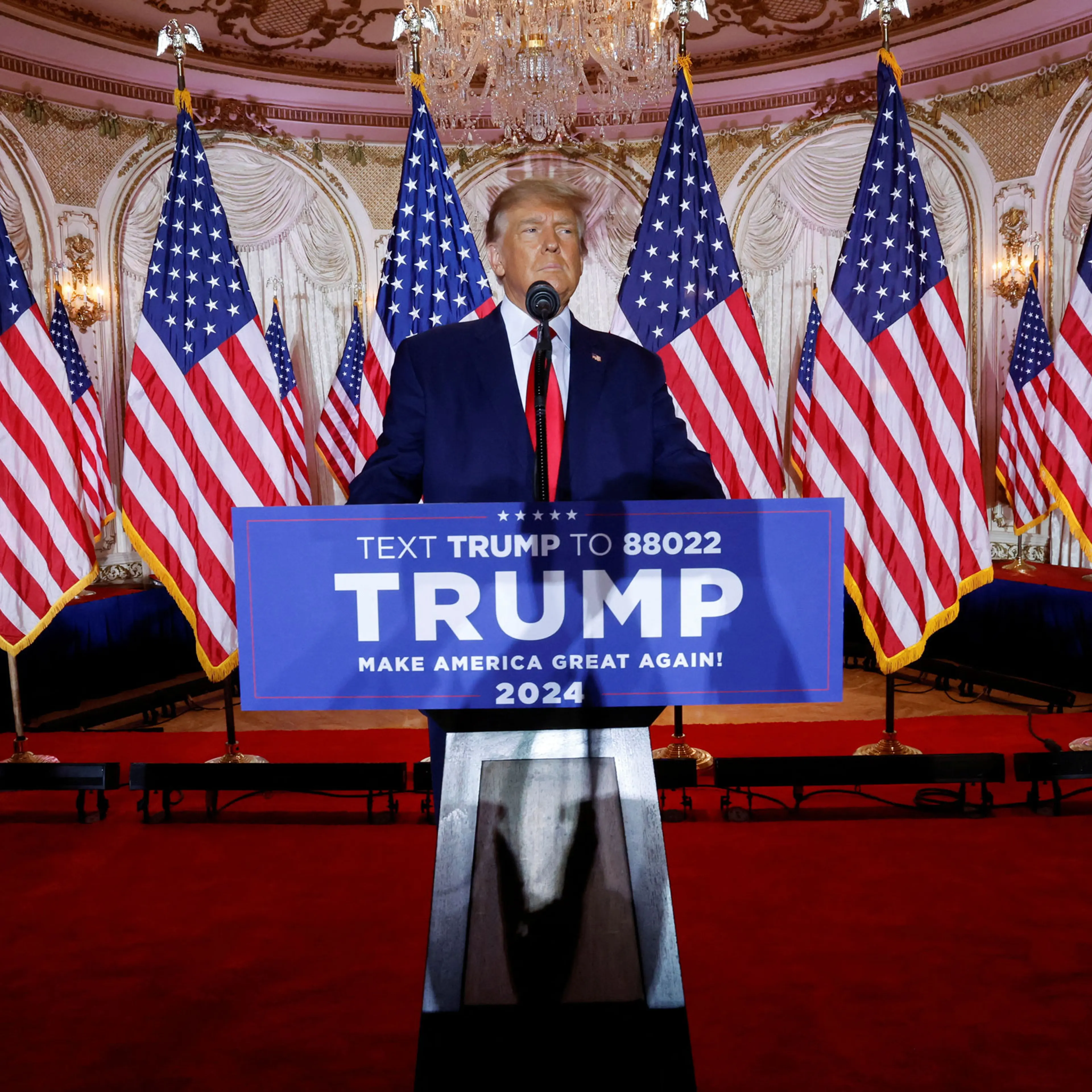 Former U.S. President Donald Trump announces that he will once again run for U.S. president in the 2024 U.S. presidential election during an event at his Mar-a-Lago estate in Palm Beach, Florida, on Nov. 15, 2022.