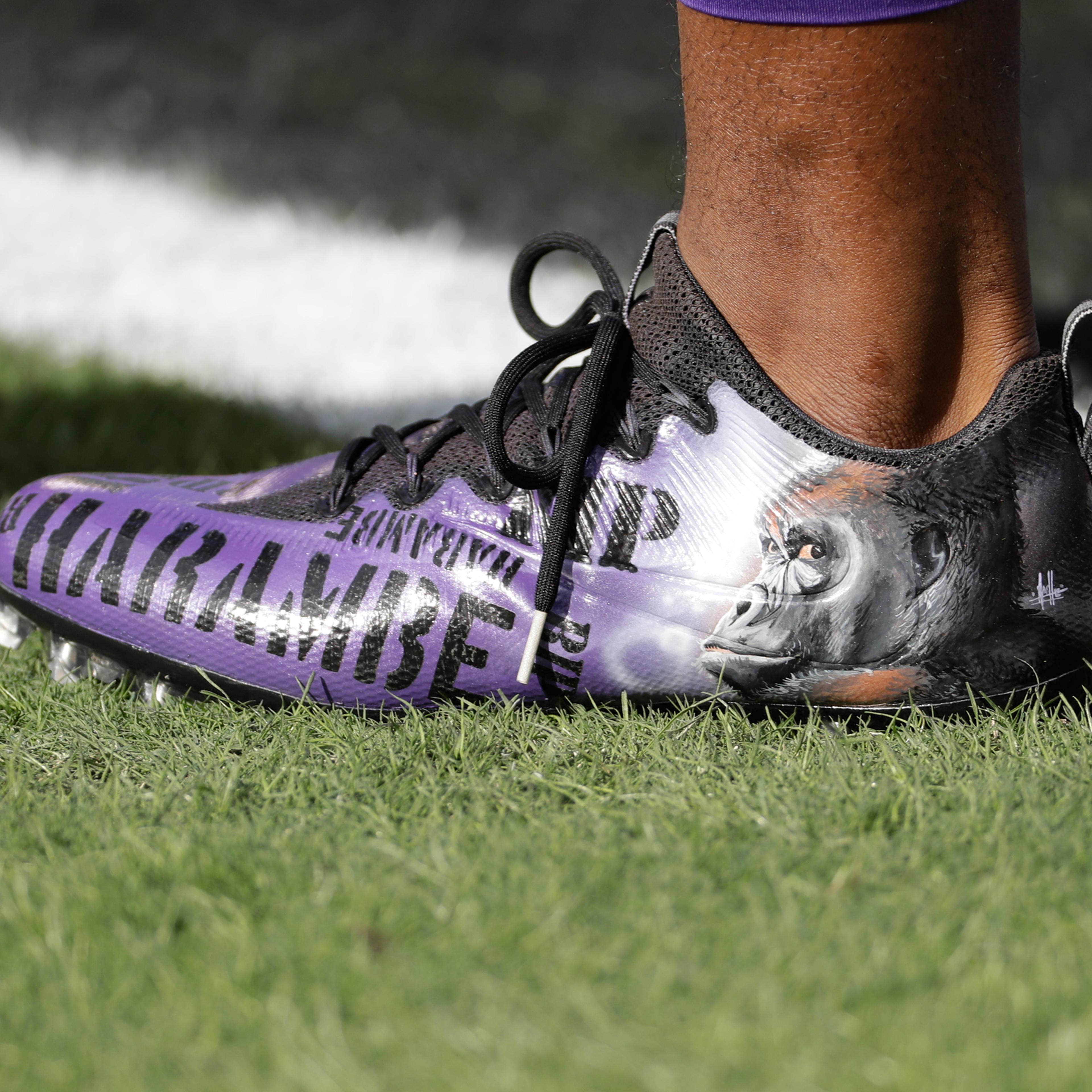 Minnesota Vikings' Jerick McKinnon wears cleats with images of Harambe during warm ups before an NFL football game against the Philadelphia Eagles, Sunday, Oct. 23, 2016, in Philadelphia. (AP Photo/Chris Szagola)