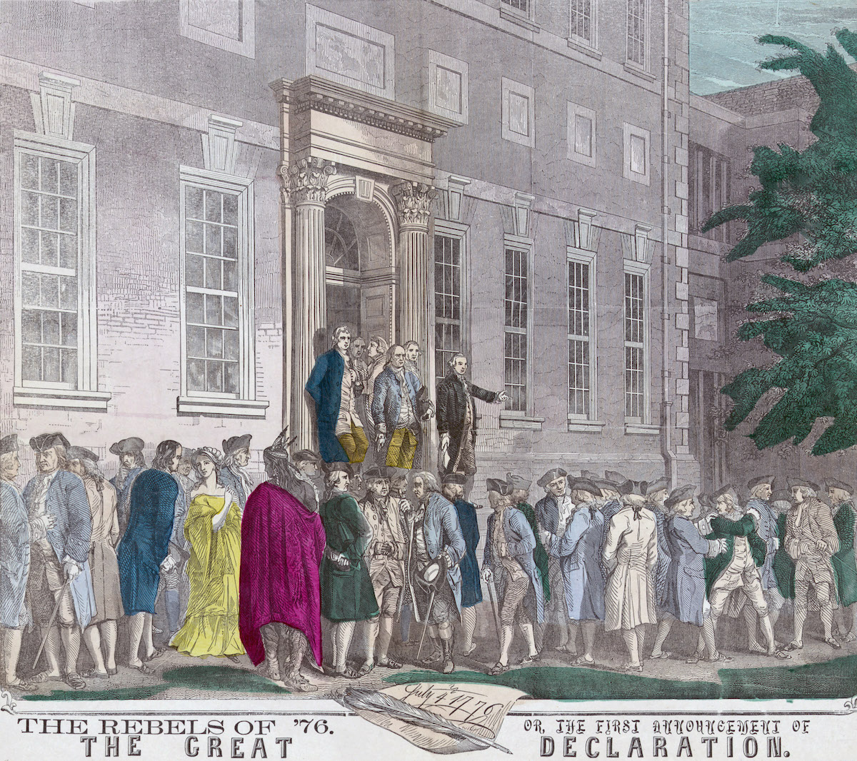 On July 4, 1776 members of the Second Continental Congress leave Philadelphia's Independence Hall after adopting the Declaration of Independence from Great Britain. From a 19th century print.