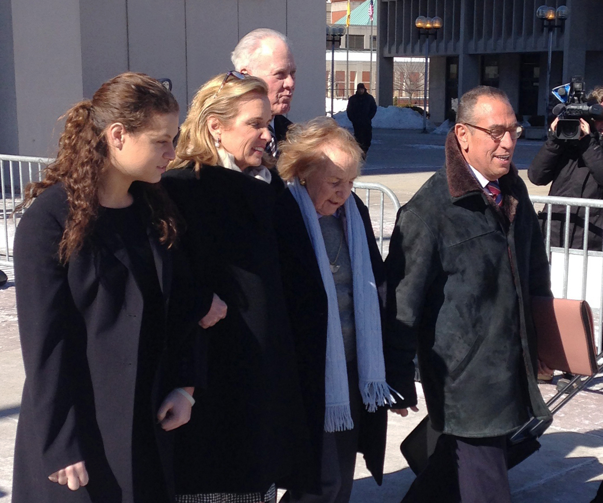 Kerry Kennedy, second from left, walks with her mother, Ethel Kennedy, third from left, as she leaves the Westchester County Courthouse, Friday, Feb. 28, 2014 in White Plains, N.Y.