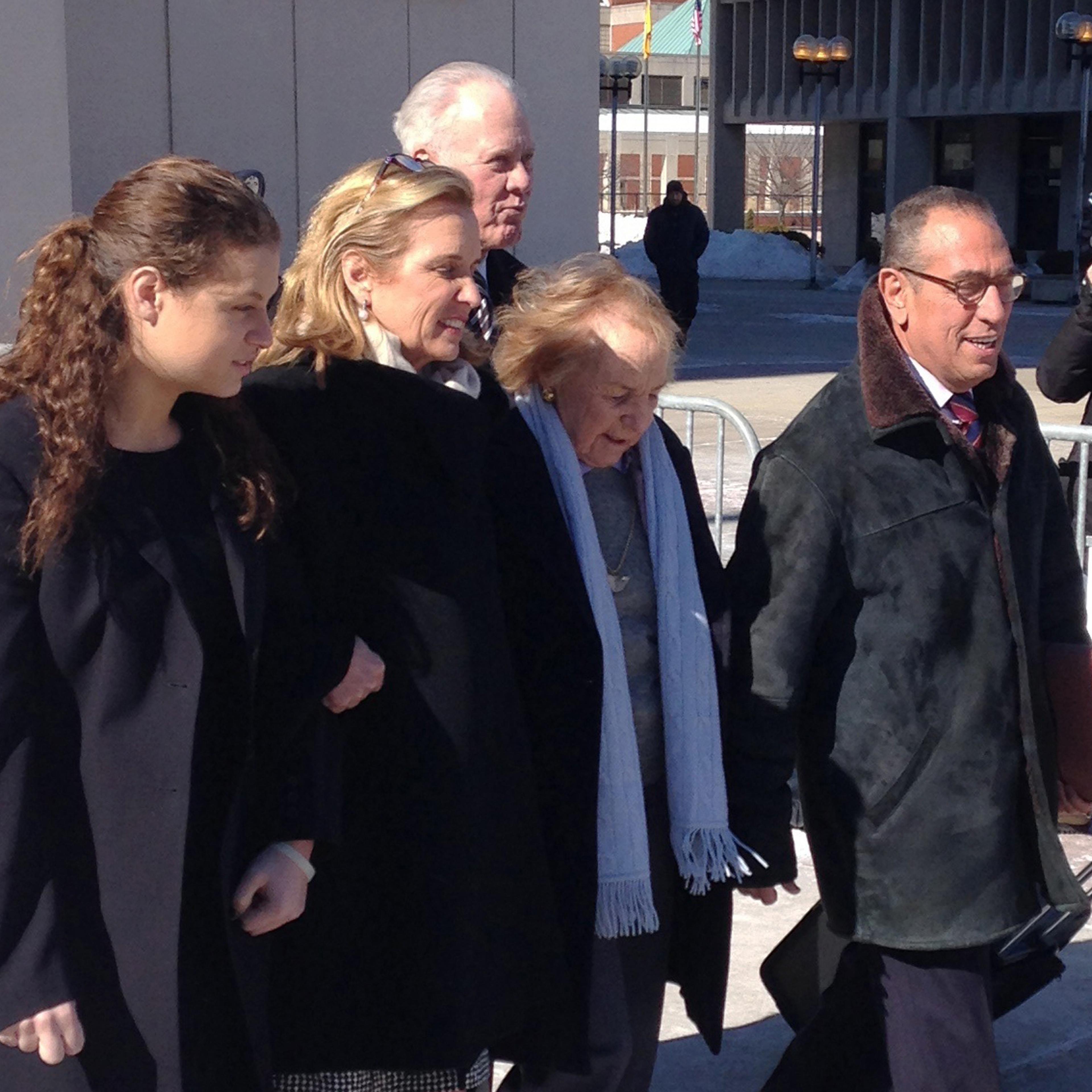 Kerry Kennedy, second from left, walks with her mother, Ethel Kennedy, third from left, as she leaves the Westchester County Courthouse, Friday, Feb. 28, 2014 in White Plains, N.Y.