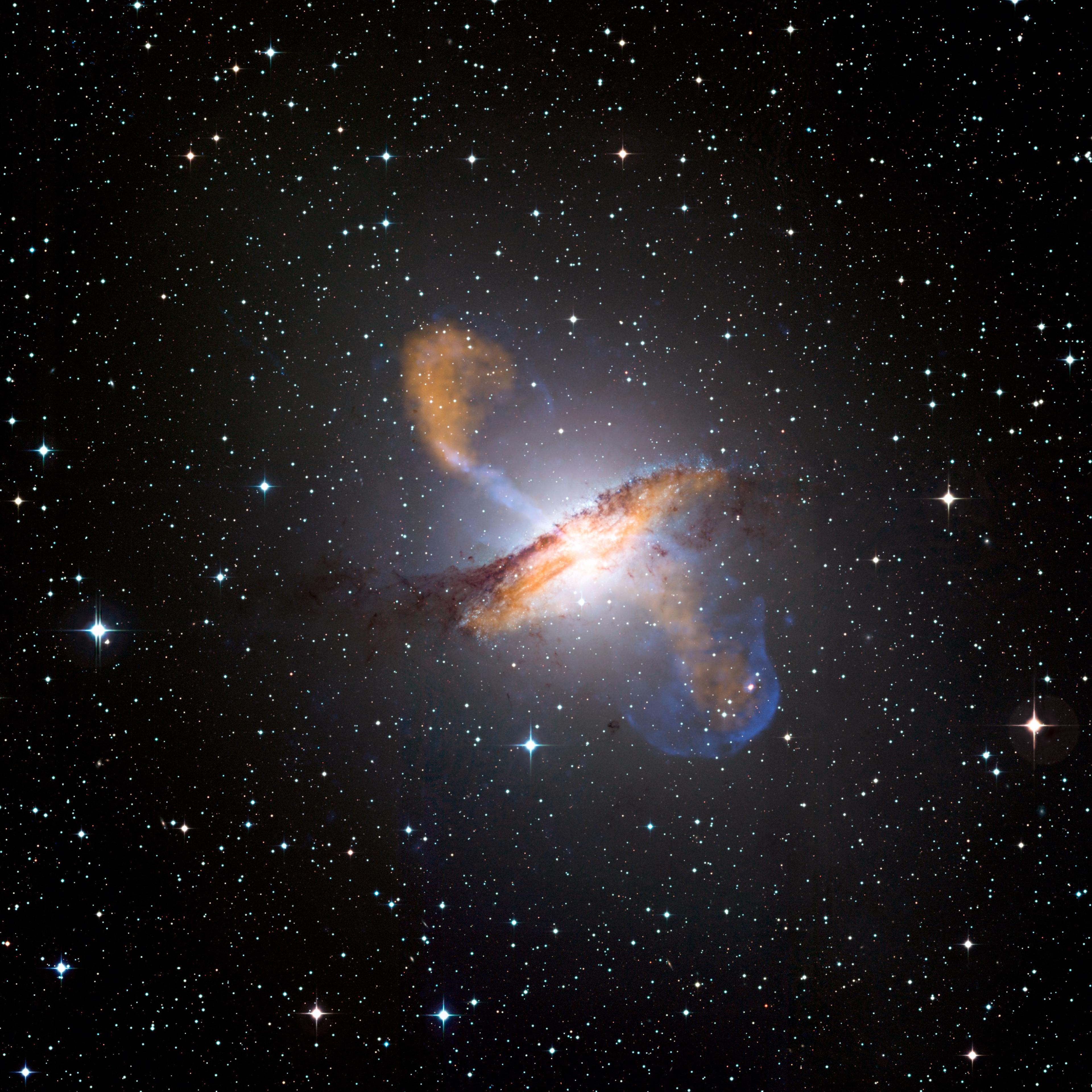 Don't get too close: A black hole in the galaxy Centaurus A emitting gas jets as it sucks in matter.