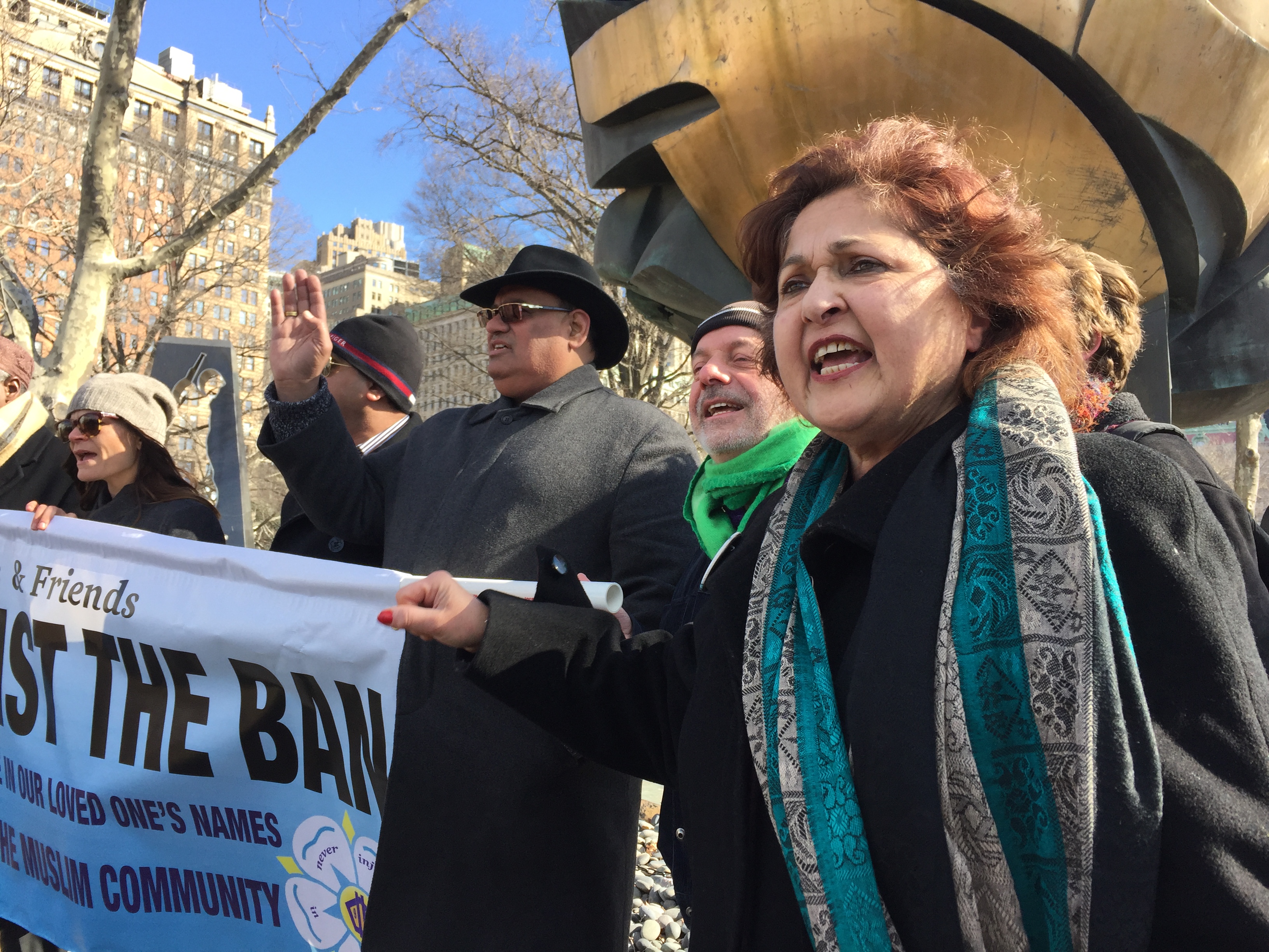 Talat Hamdani (right) and other family members of 9/11 victims rally against President Donald Trump's immigration order in New York City on Feb. 16, 2017.
