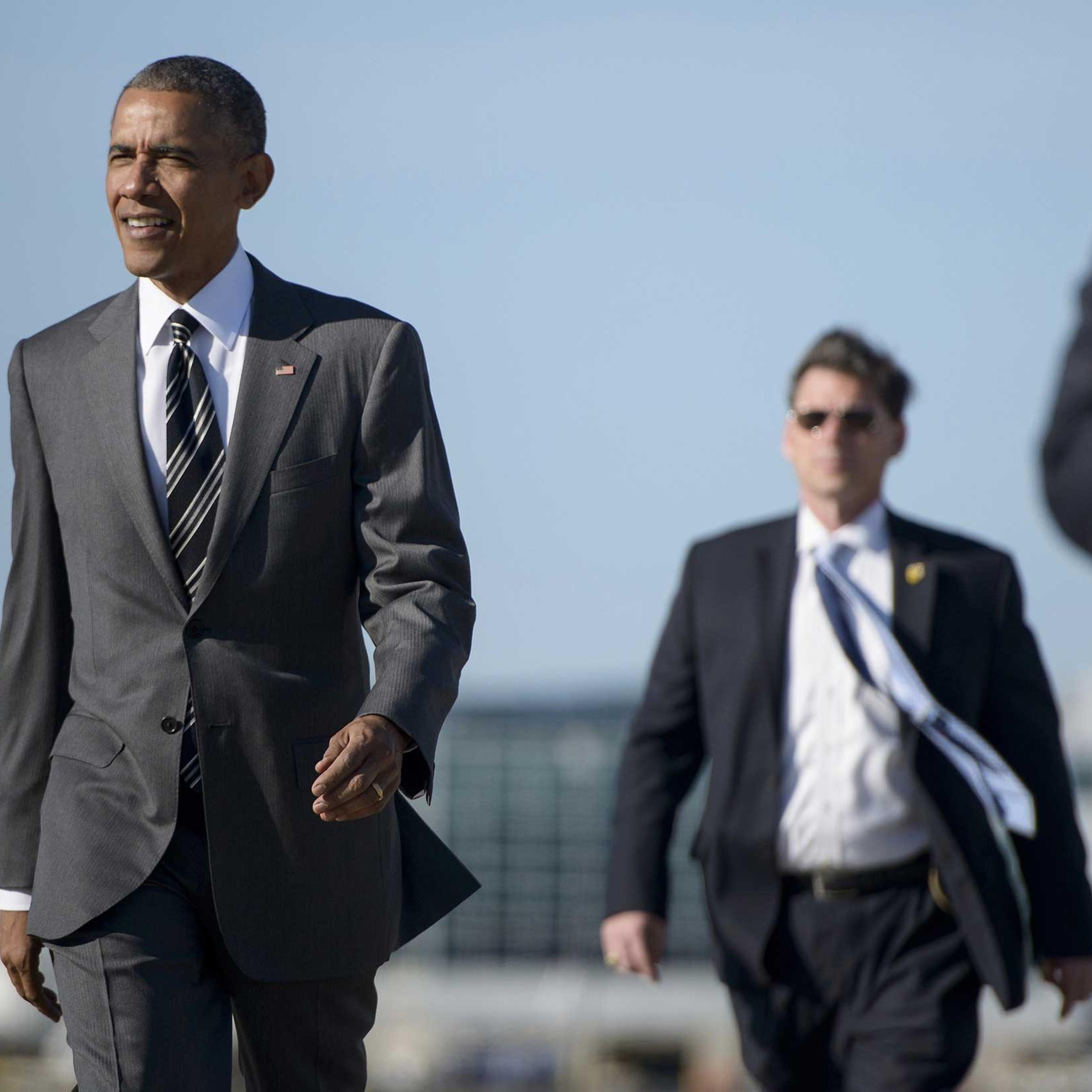 President Barack Obama arrives at the Oregon Air National Guard Base ahead of a fundraiswer at Nike, in Portland on May 7, 2015.
