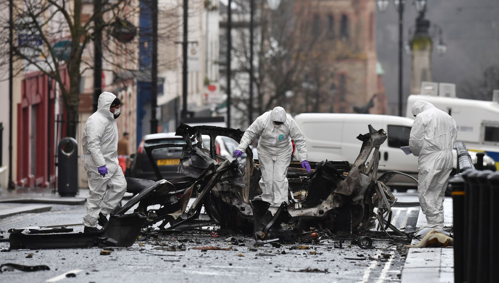 Police And Forensics Attend Scene After Car Bomb At Londonderry Courthouse