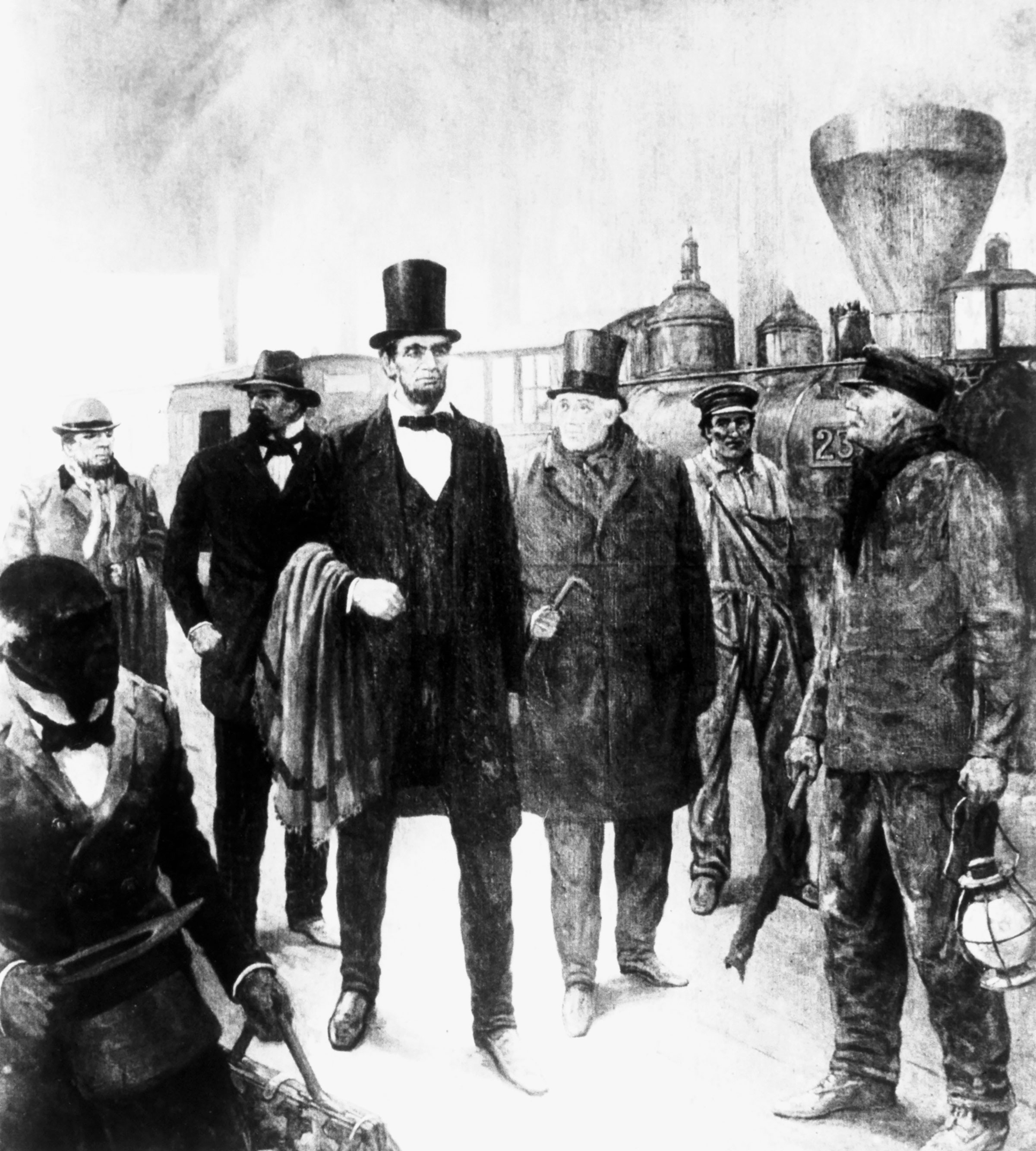 President Abraham Lincoln walks beside a locomotive at a railroad station.