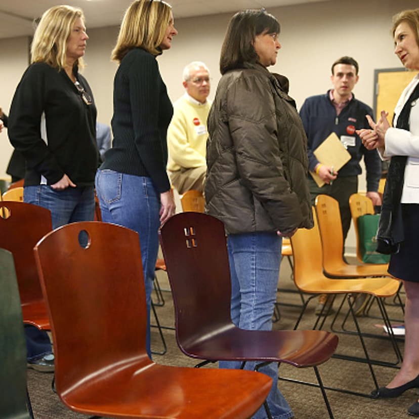Republican presidential candidate Carly Fiorina greets people during a Timberland Town Hall at the Timberland Global Headquarters on February 3, 2016 in Stratham, New Hampshire.