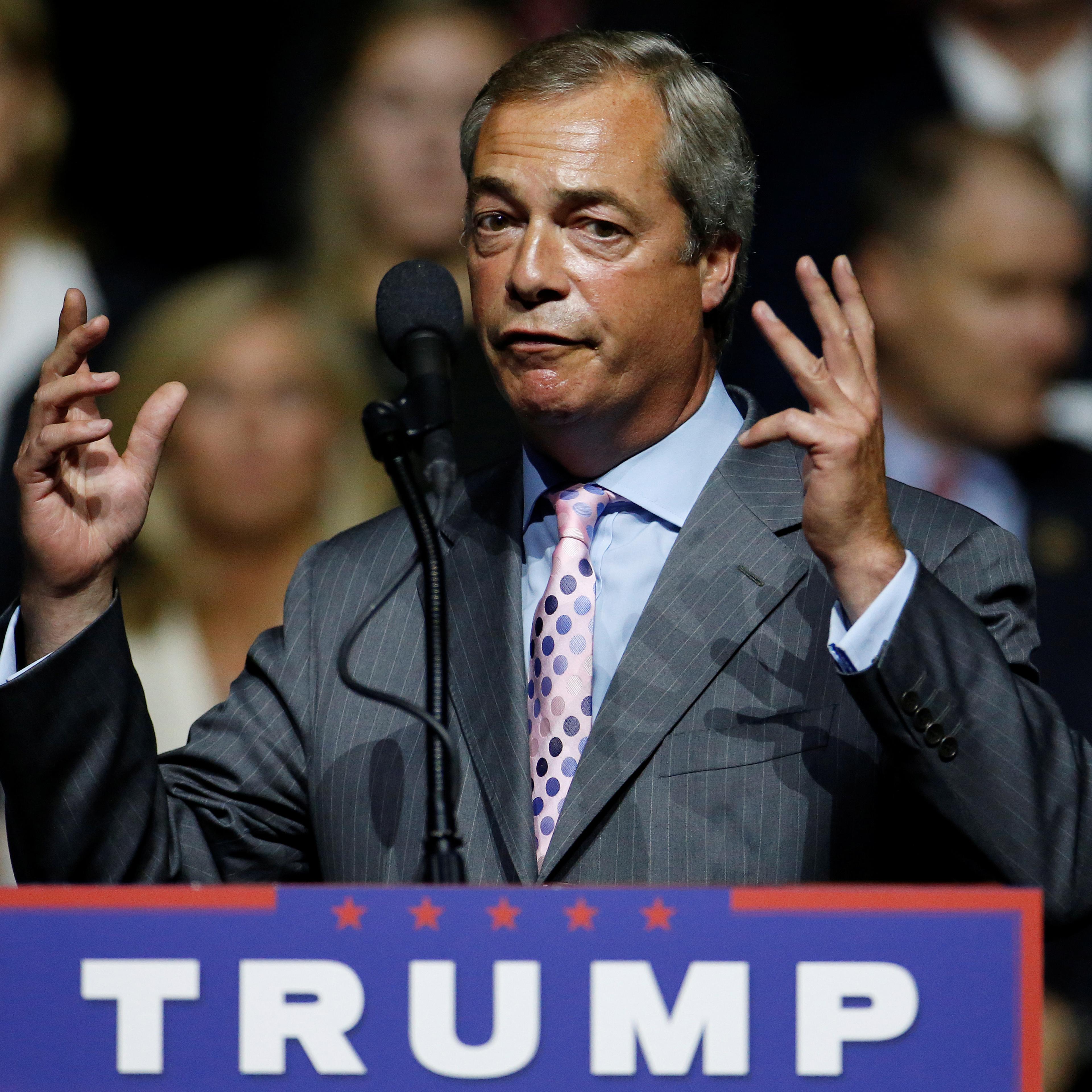 European Parliament Nigel Farage speaks during a Republican presidential nominee Donald Trump campaign rally in Jackson