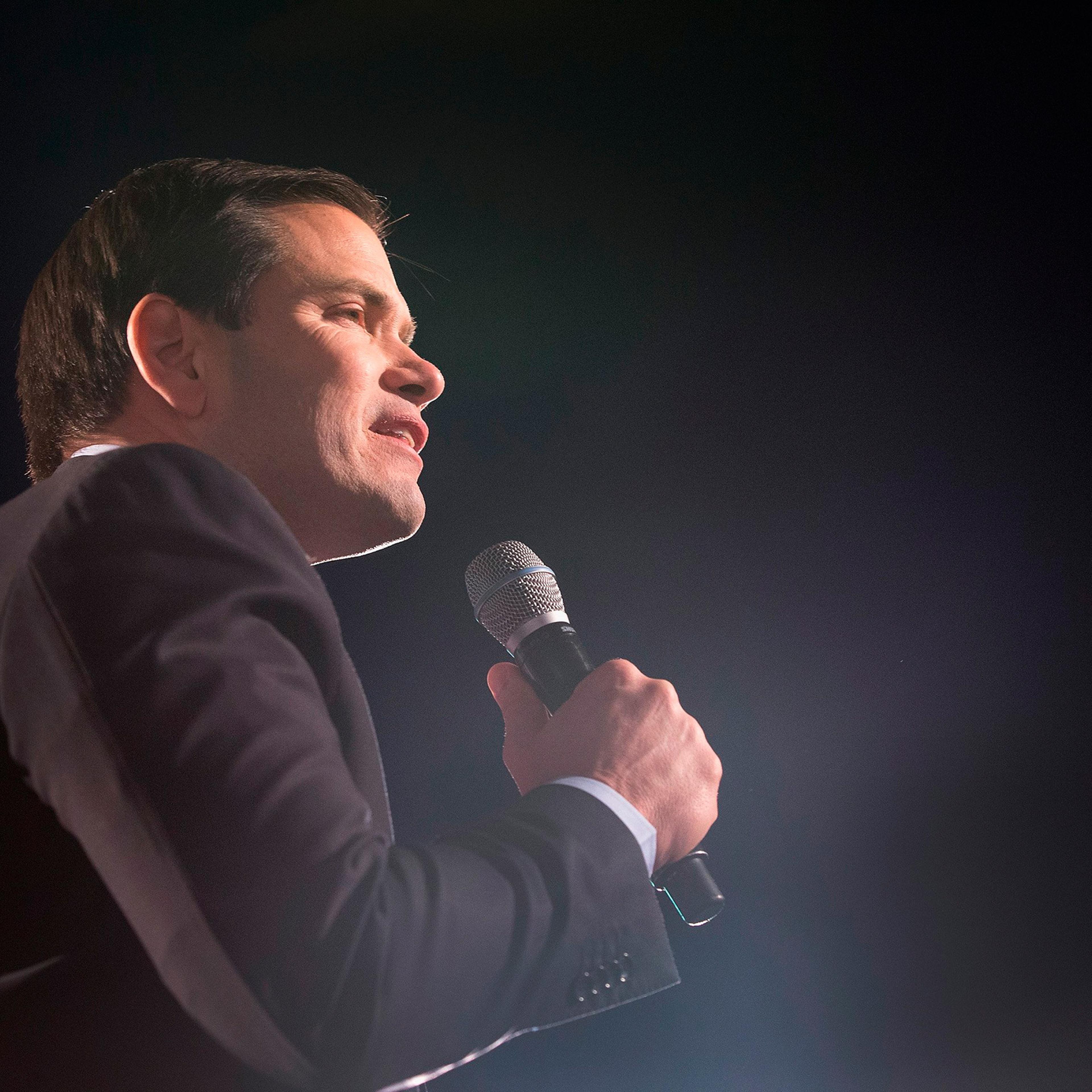 Republican presidential candidate Sen. Marco Rubio speaks during a campaign rally at the Space and Rocket Center in Huntsville, Ala., Feb. 27, 2016.