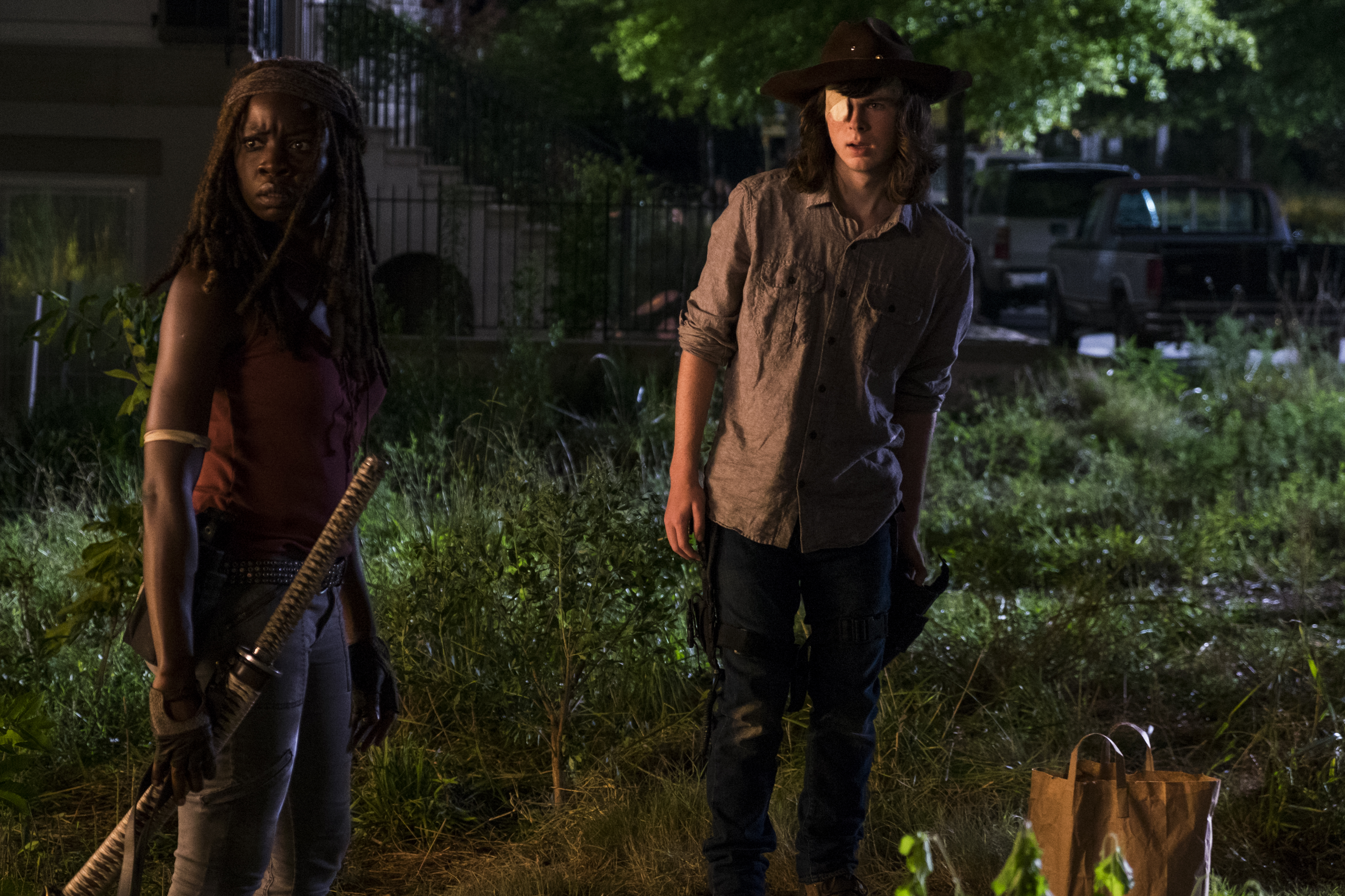 Chandler Riggs as Carl Grimes and Danai Gurira as Michonne in The Walking Dead Season 8, Episode 8