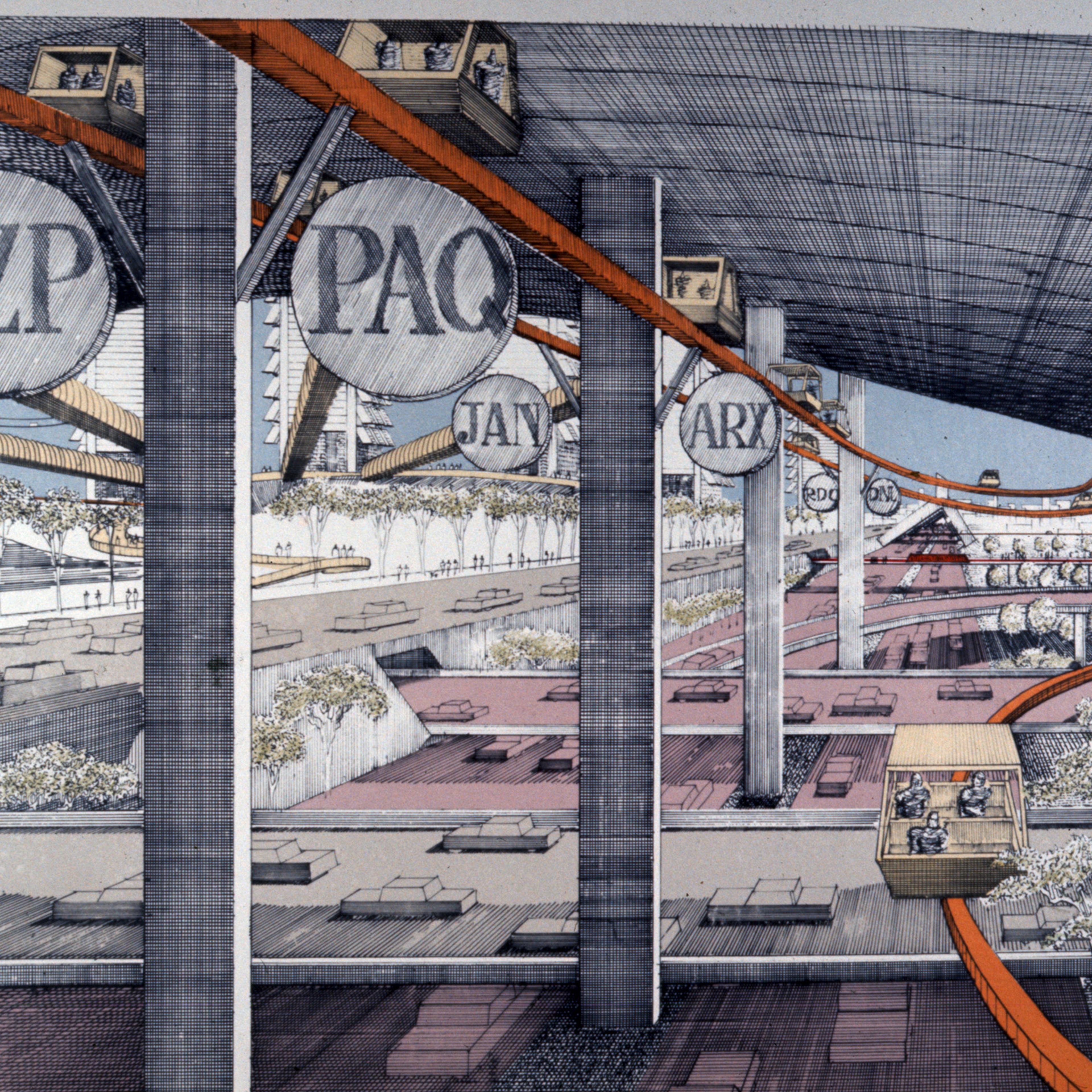 Concept renderings of Robert Moses' proposed LOMEX (Lower Manhattan Expressway).
