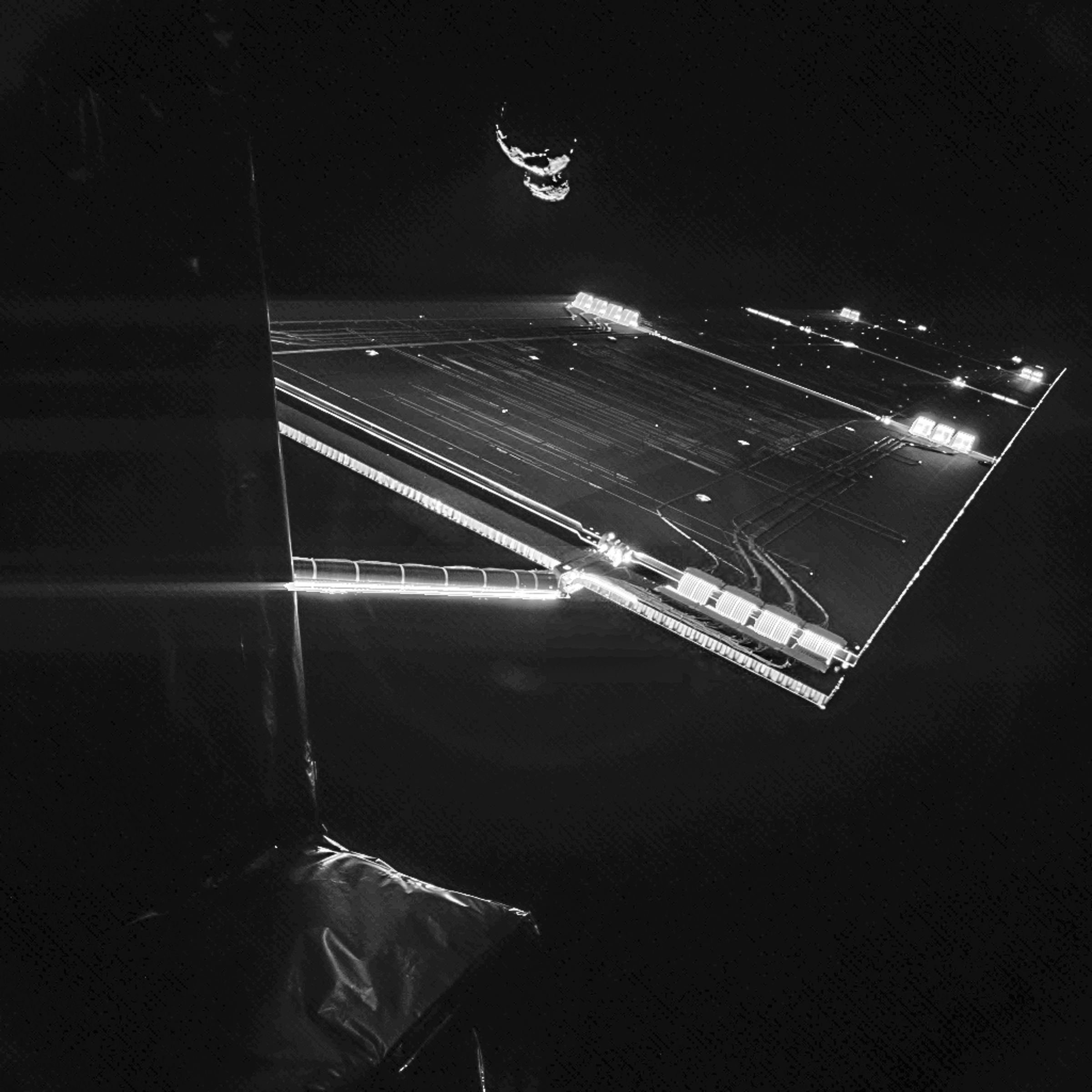 The Rosetta spacecraft snapped a ‘selfie’ with comet 67P/Churyumov–Gerasimenko on Sept. 7, 2014. Two images with different exposure times were combined to bring out the faint details in this very high contrast situation.
