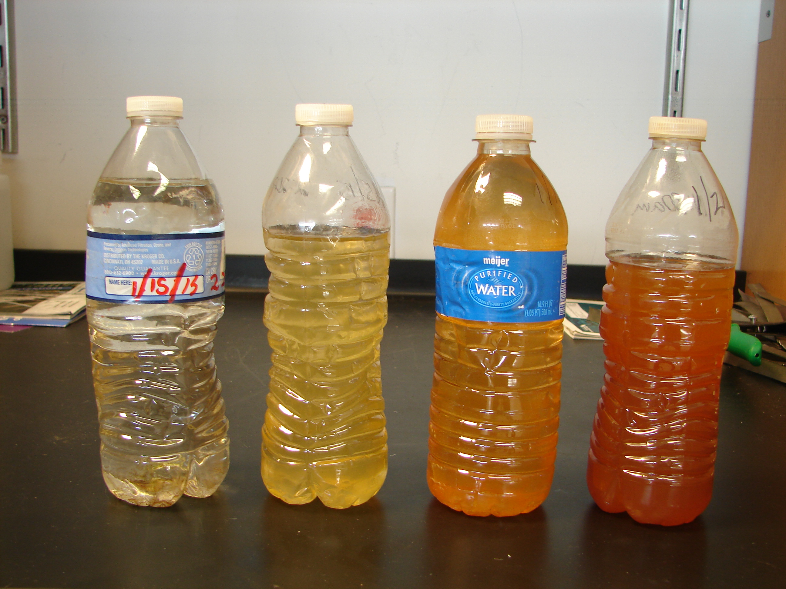 This image provided by FlintWaterStudy.org shows water samples from a Flint, Mich. home. The bottles were collected, from left, on Jan. 15 (2), Jan. 16 and Jan. 21.