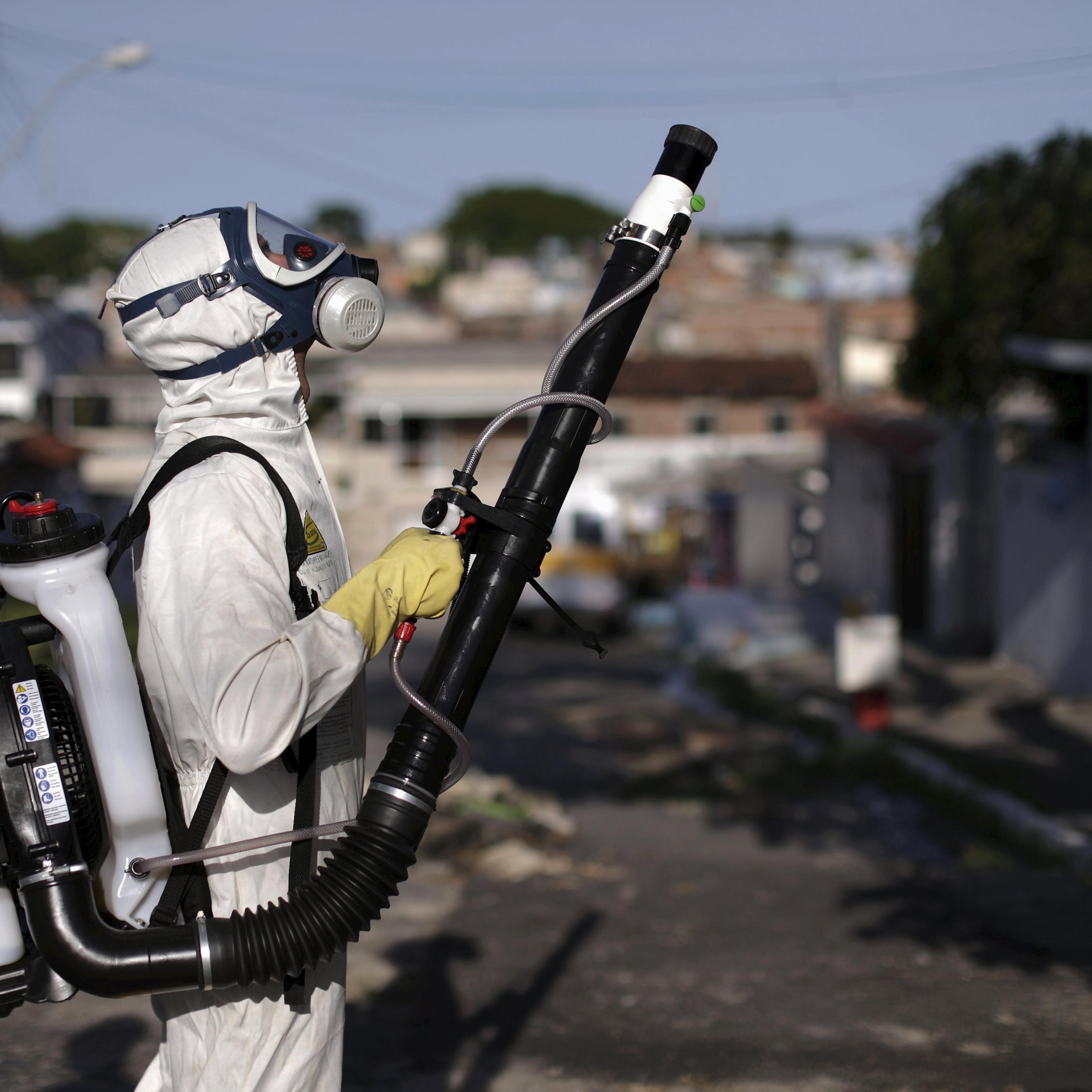 A municipal worker sprays insecticide at the neighborhood of Afogados in Recife