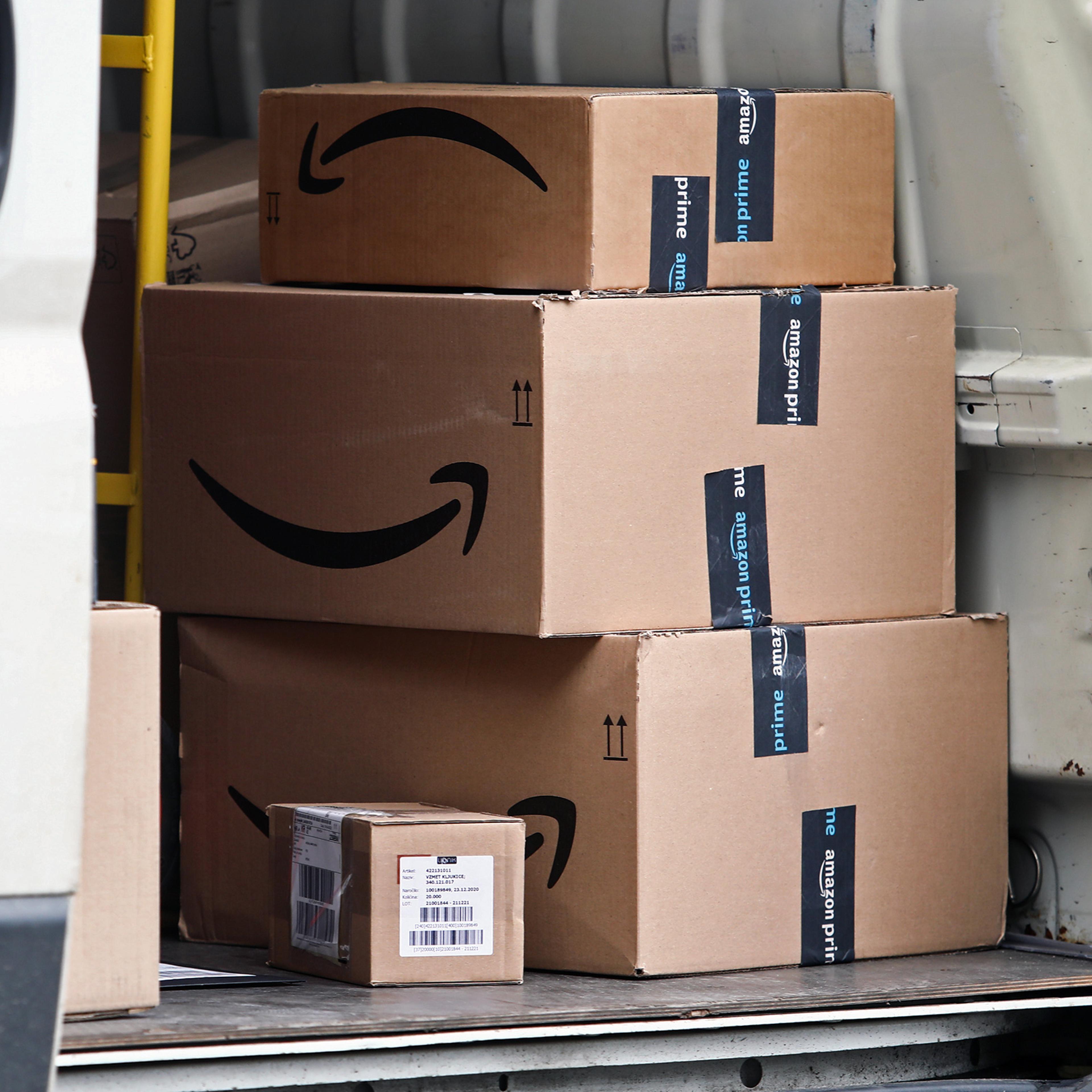 Amazon boxes are seen inside a delivery truck on April 20, 2022.