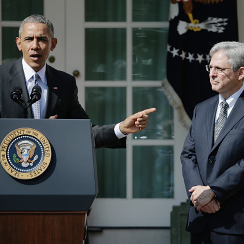 U.S. President Barack Obama (L) stands with Judge Merrick B. Garland, while nominating him to the US Supreme Court, in the Rose Garden at the White House, March 16, 2016 in Washington, DC.