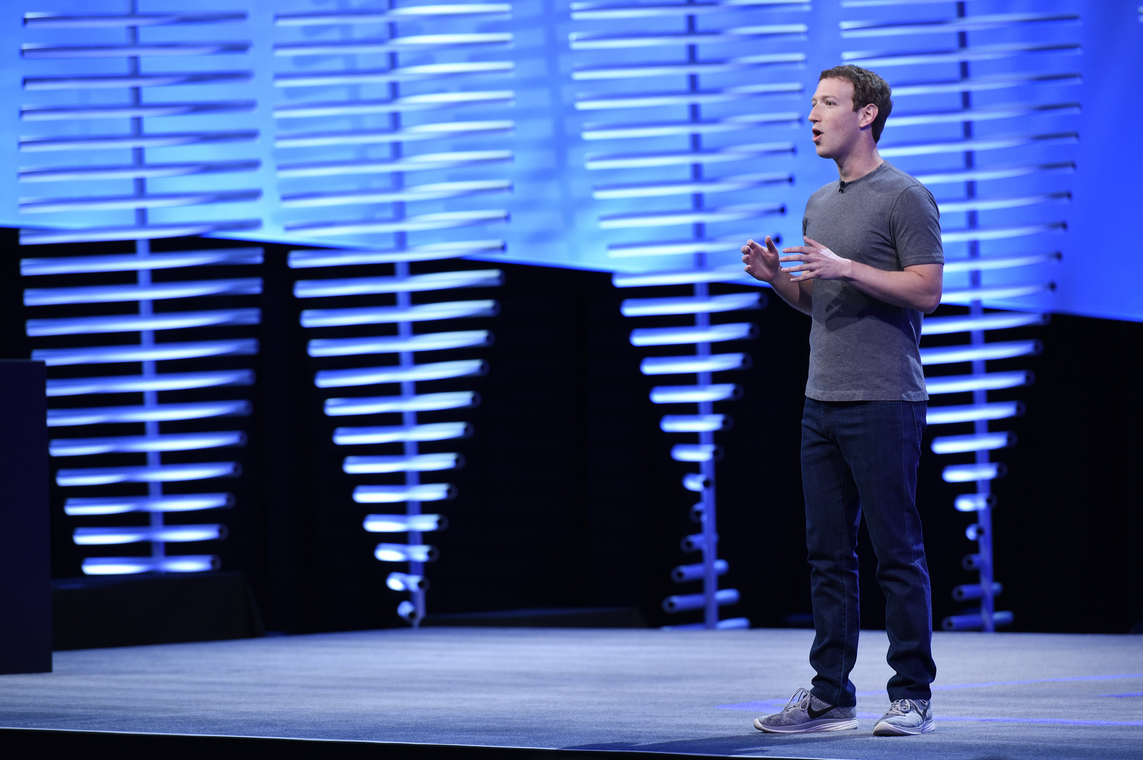 Mark Zuckerberg, founder and chief executive officer of Facebook Inc., speaks during the Facebook F8 Developers Conference in San Francisco on April 12, 2016.