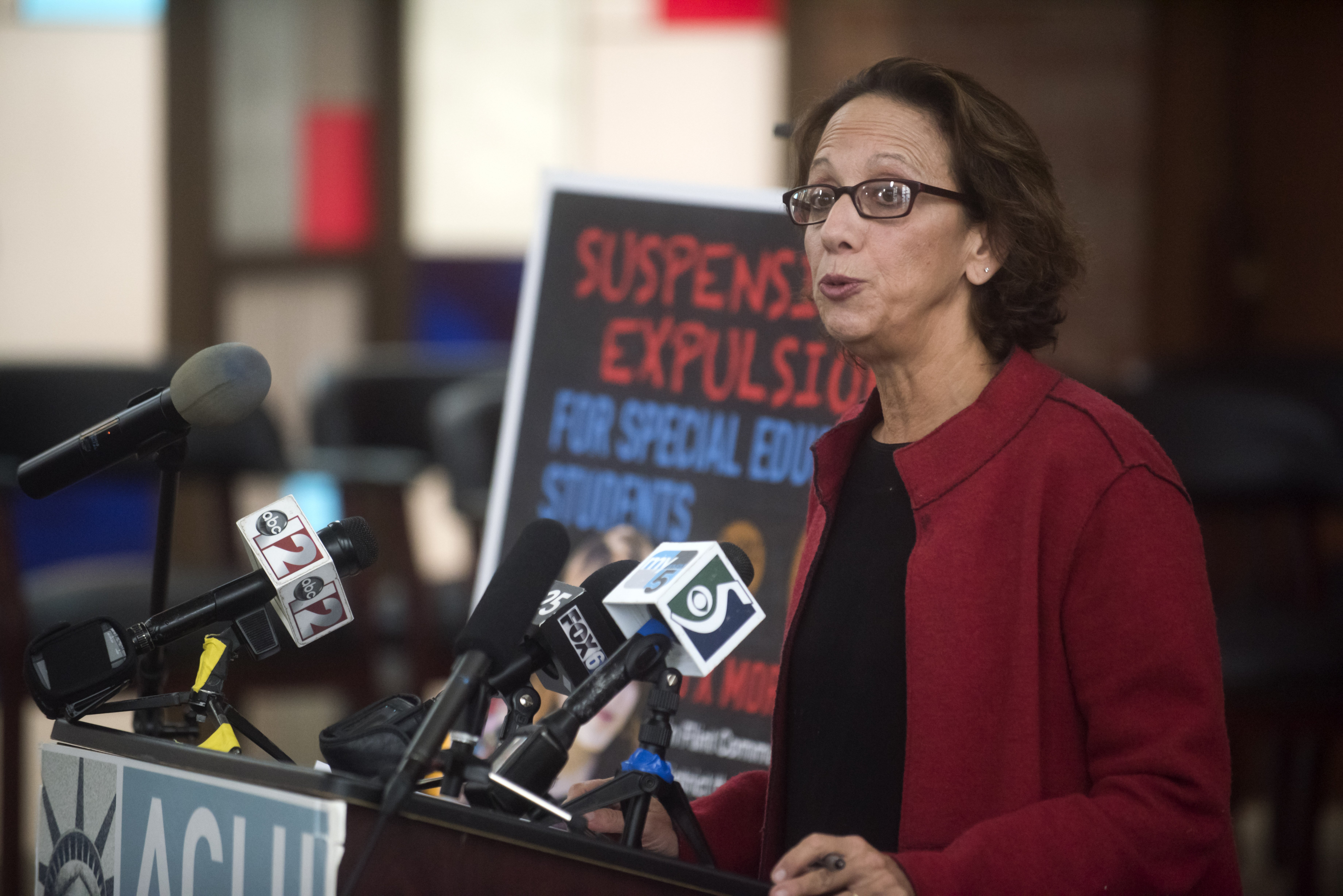 Kary Moss, Executive Director of the ACLU of Michigan, speaks at the Saints of God Church, on Oct. 18, 2016, in Flint, Mich.