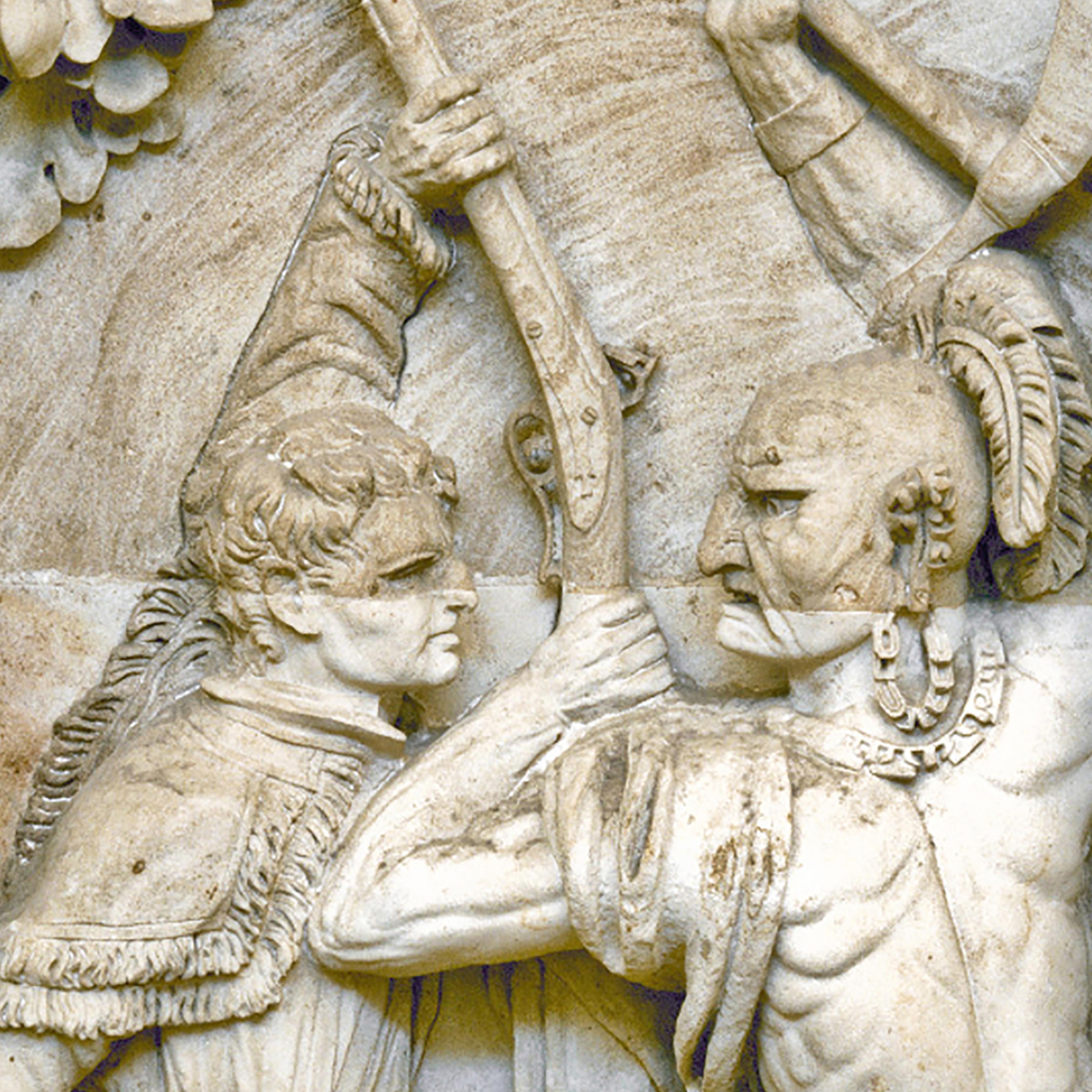 One of these sculptures, carved in 1826-1827 by the Italian artist Enrico Causici, is a gruesome scene showing the explorer Daniel Boone stabbing a Native American warrior.