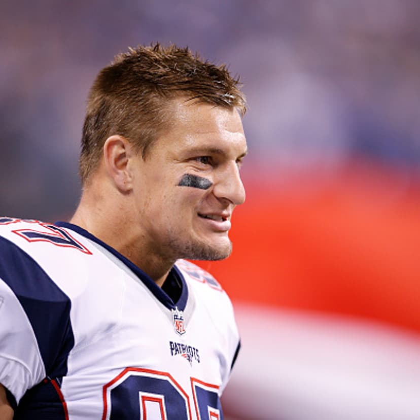 Rob Gronkowski #87 of the New England Patriots looks on during a game against the Indianapolis Colts at Lucas Oil Stadium on October 18, 2015 in Indianapolis, Indiana.