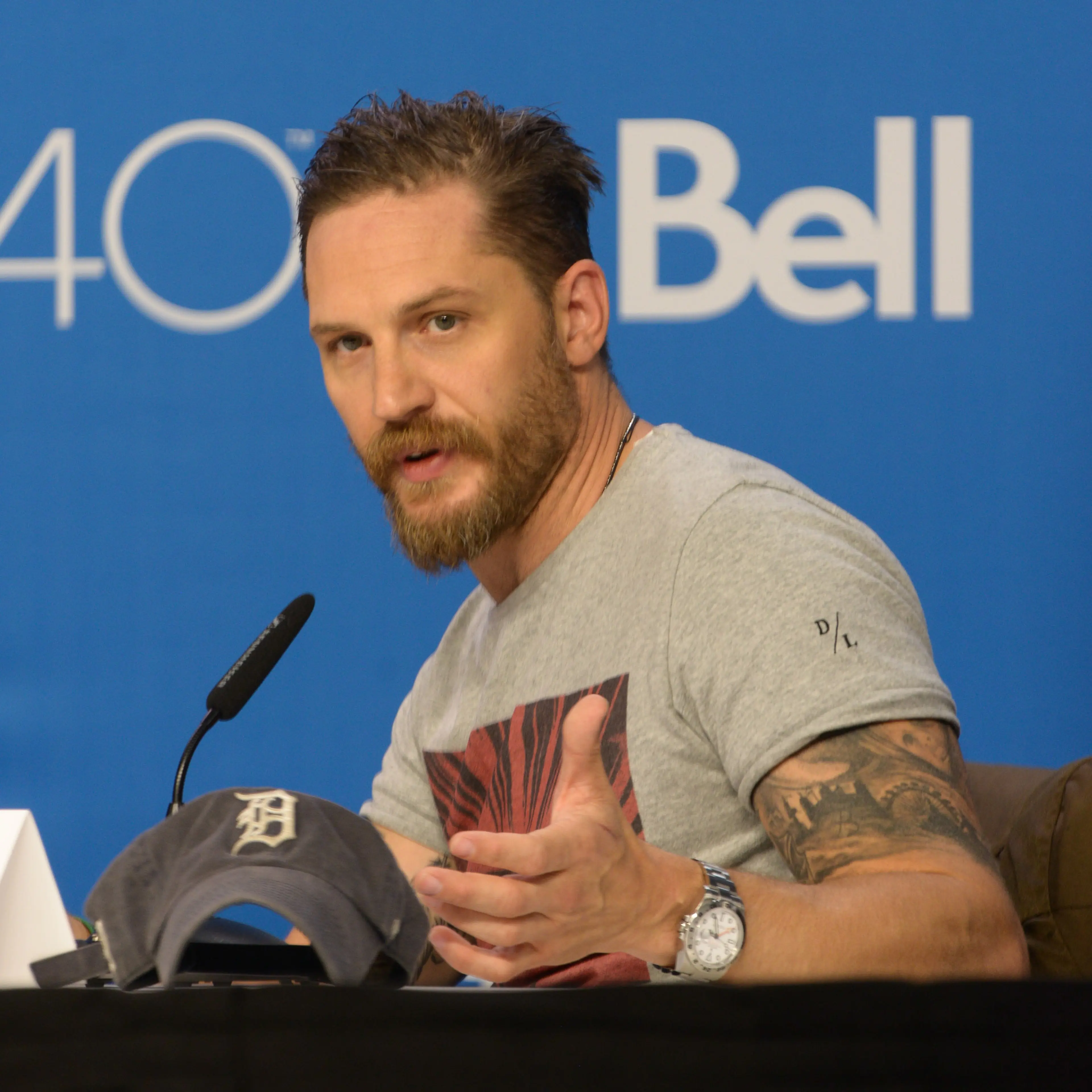 TORONTO, ON - SEPTEMBER 13: Actor Tom Hardy speaks during the 'Legend' press conference at TIFF Bell Lightbox on September 13, 2015 in Toronto, Canada. (Photo by Juanito Aguil/WireImage)