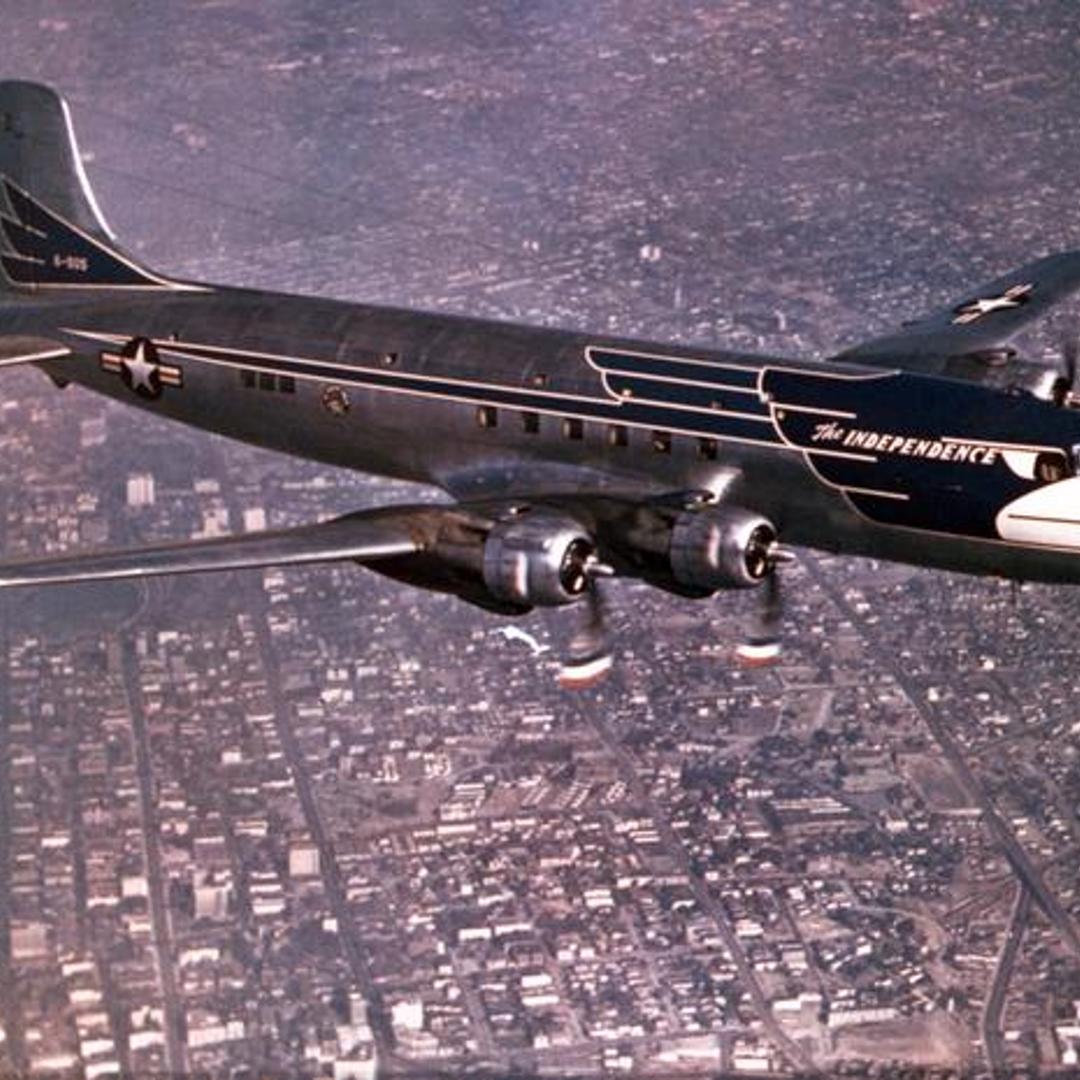 Faded color photograph of the Independence in flight.Date: ca. 1947 The Independence