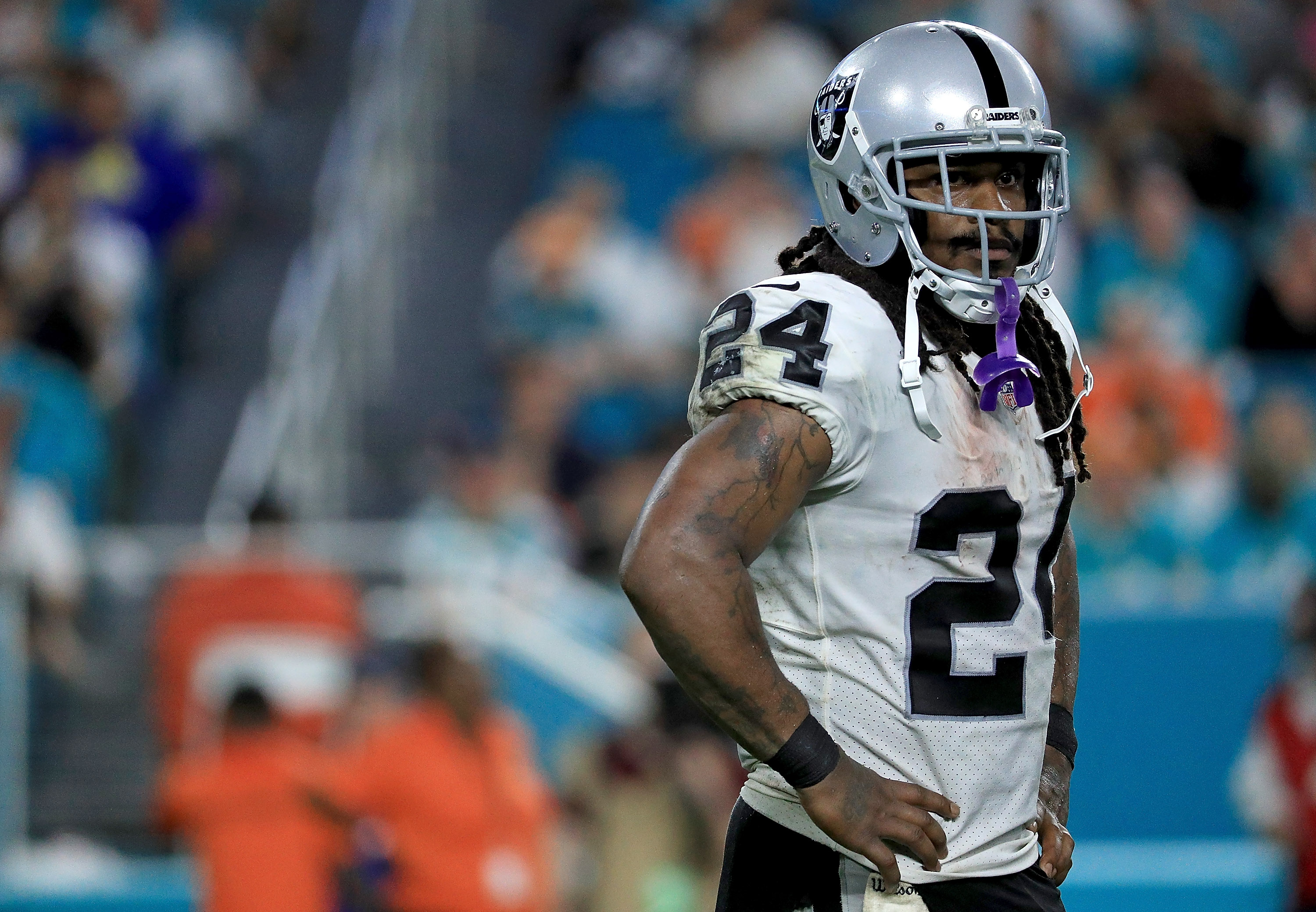 Marshawn Lynch #24 of the Oakland Raiders looks on during a game against the Miami Dolphins at Hard Rock Stadium on November 5, 2017 in Miami Gardens, Florida.