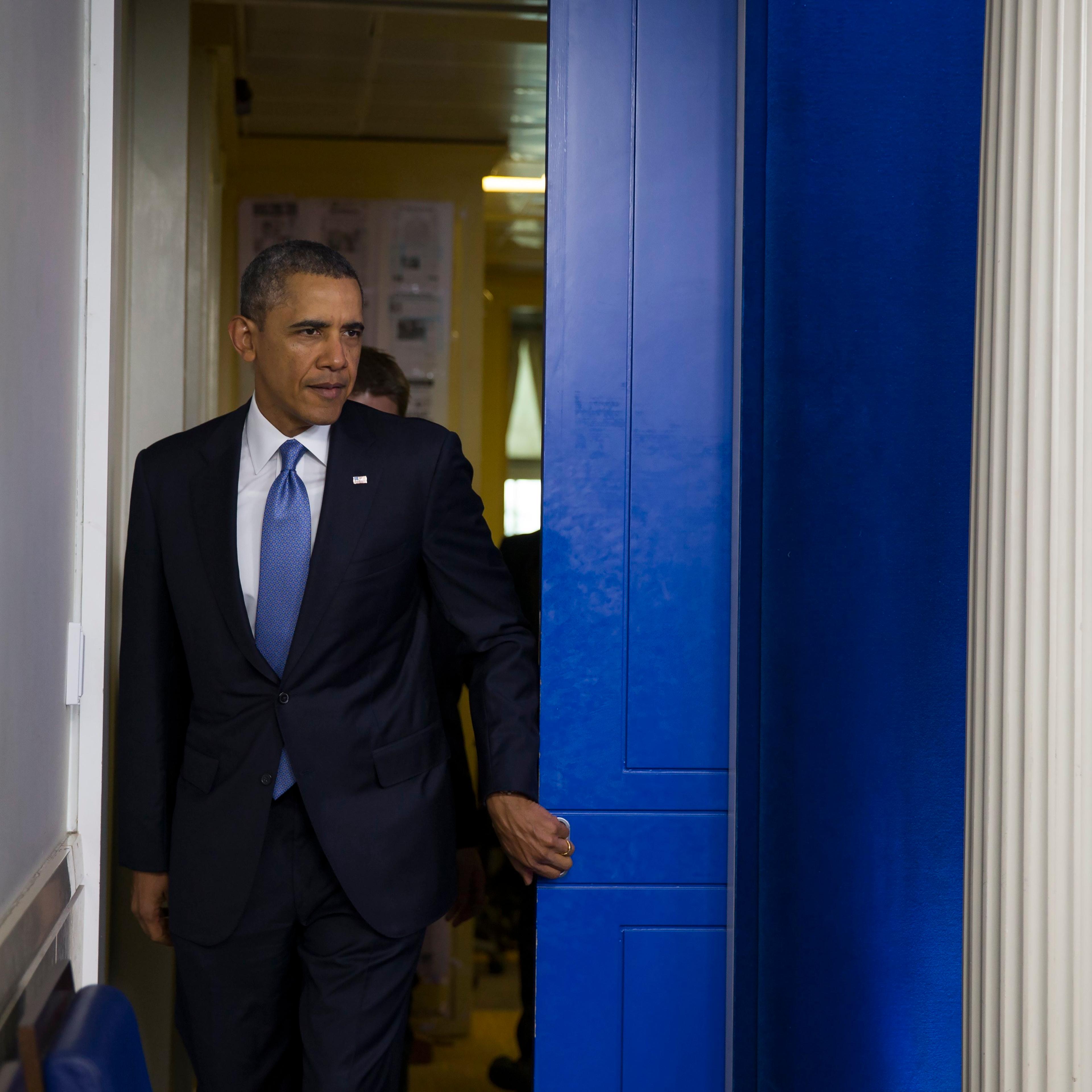 President Barack Obama arrives to deliver a statement on Ukraine from the White House in Washington