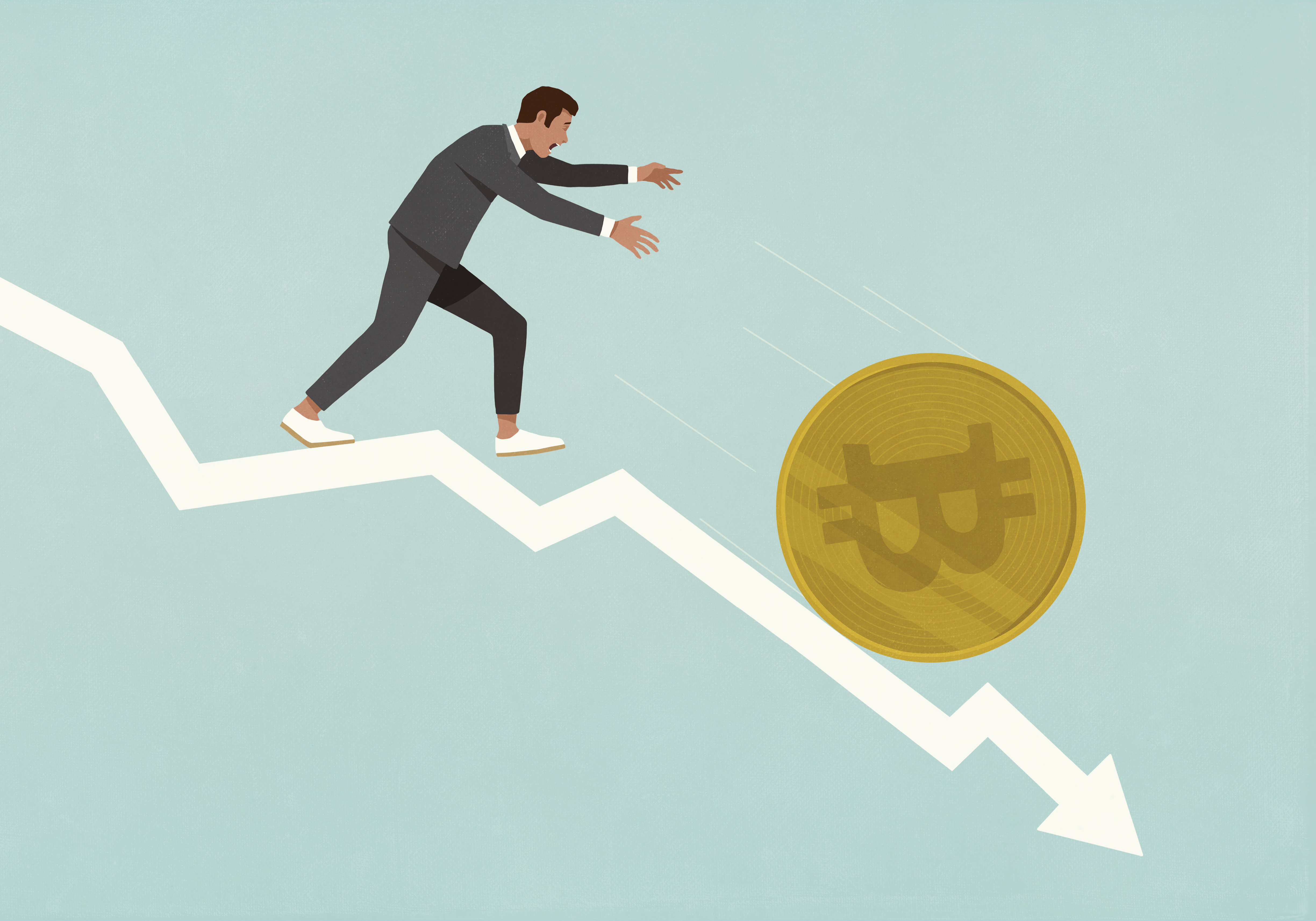 Businessman chasing Bitcoin falling down descending arrow