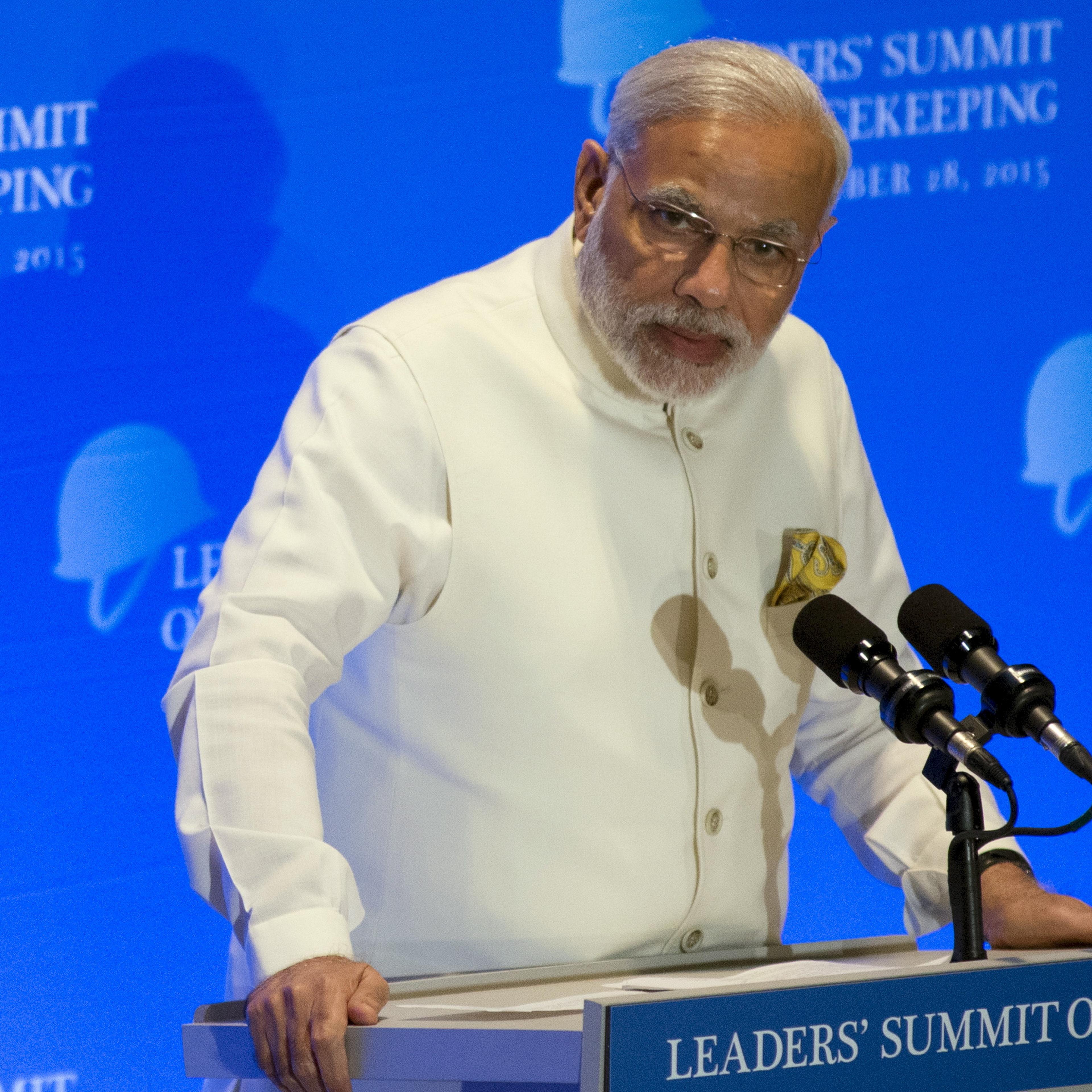 India's Prime Minister Narendra Modi delivers remarks during a Leaders' Summit on Peacekeeping to coincide with the United Nations General Assembly at the United Nations in Manhattan, New York