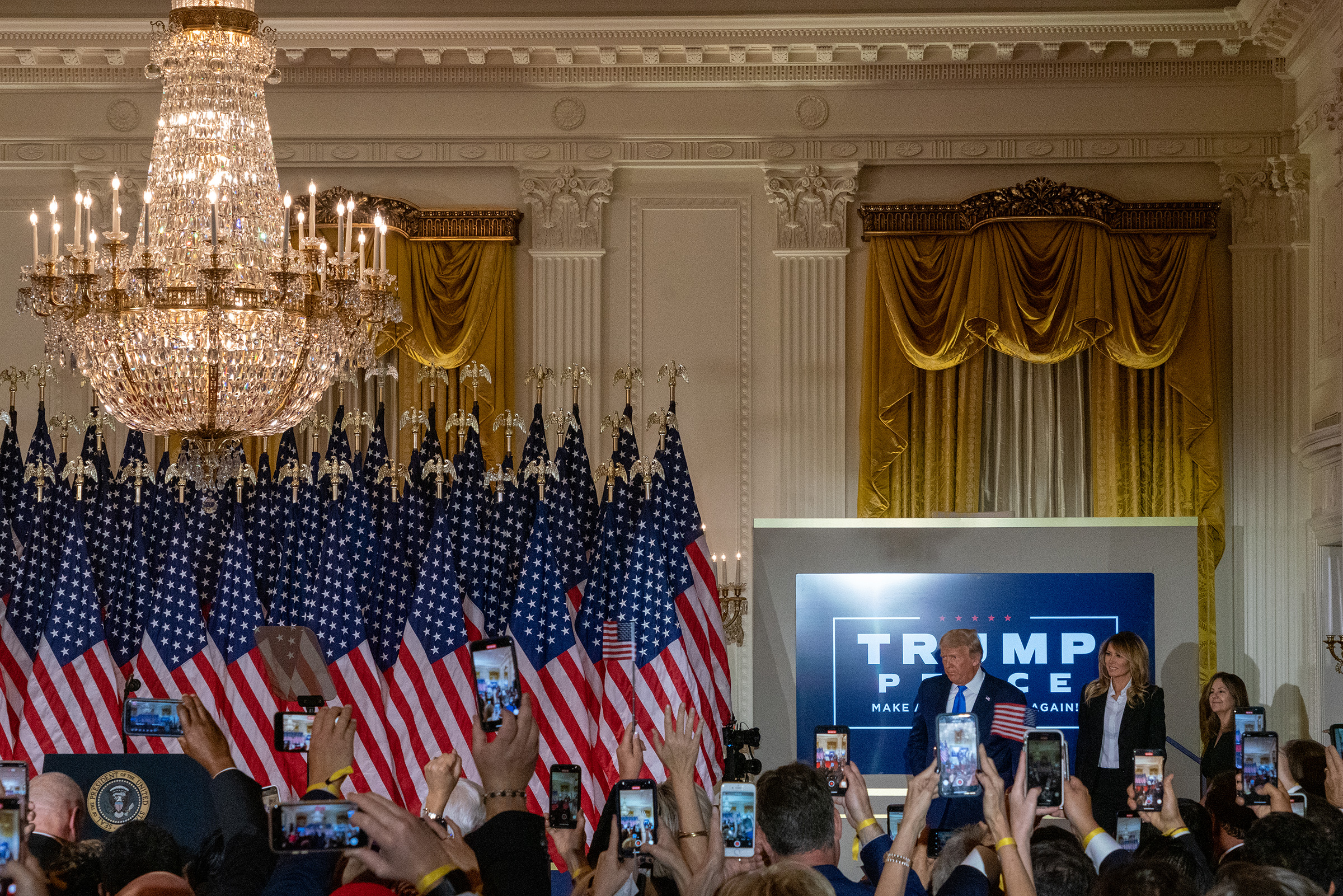 President Trump enters the East Room of the White House on Nov. 4, 2020, to deliver remarks as results of the election remained unclear.
