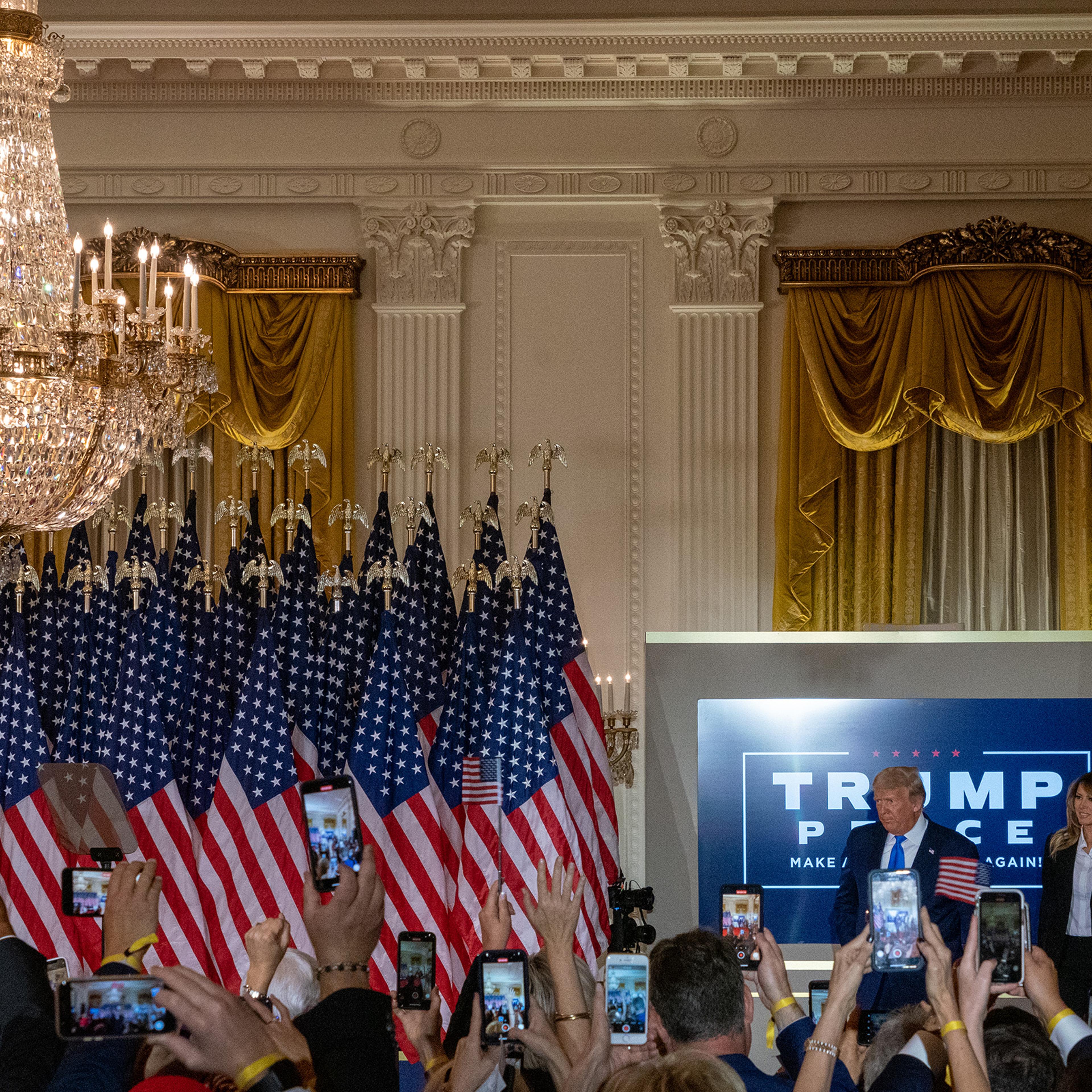 President Trump enters the East Room of the White House on Nov. 4, 2020, to deliver remarks as results of the election remained unclear.