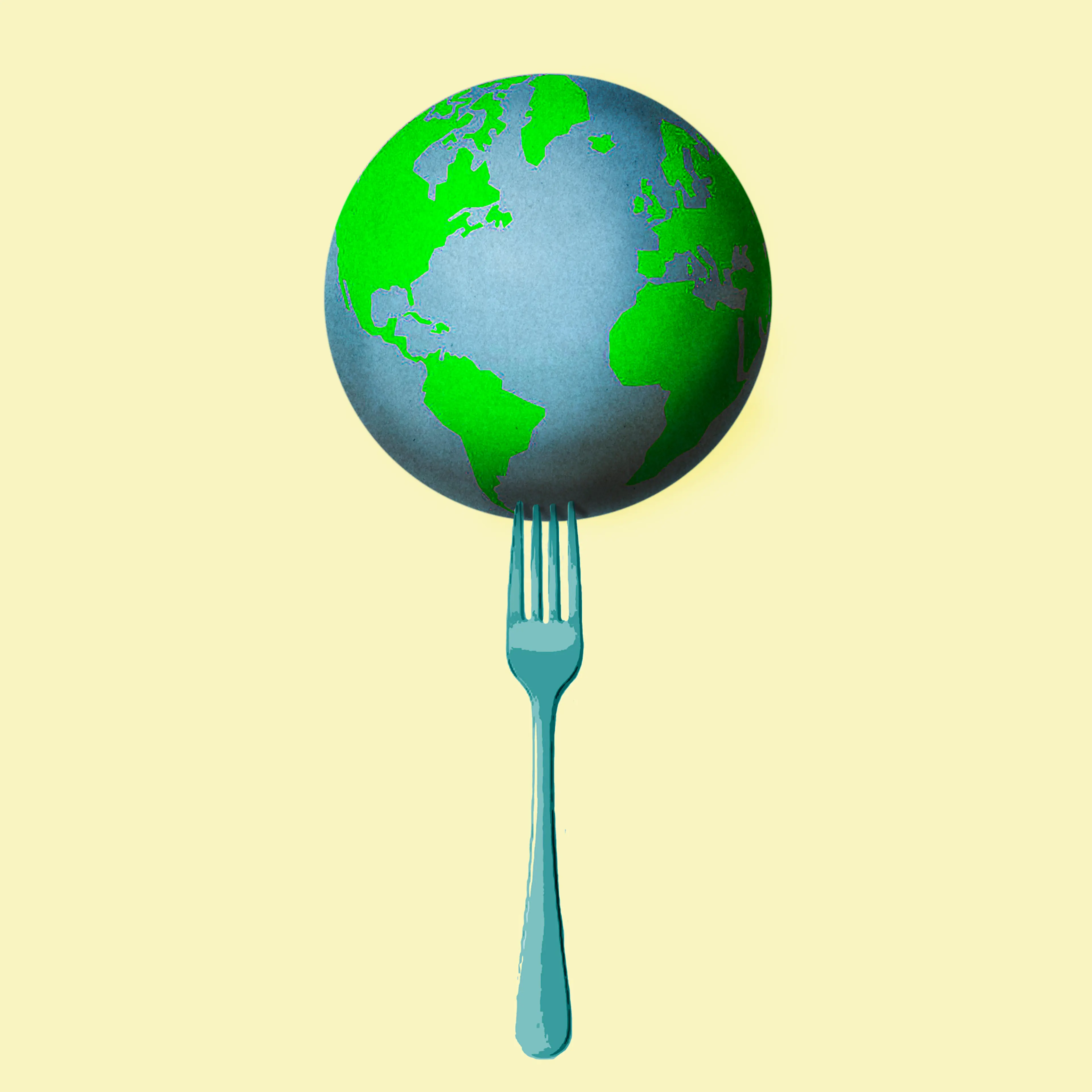 Illustration of planet Earth on oversized fork