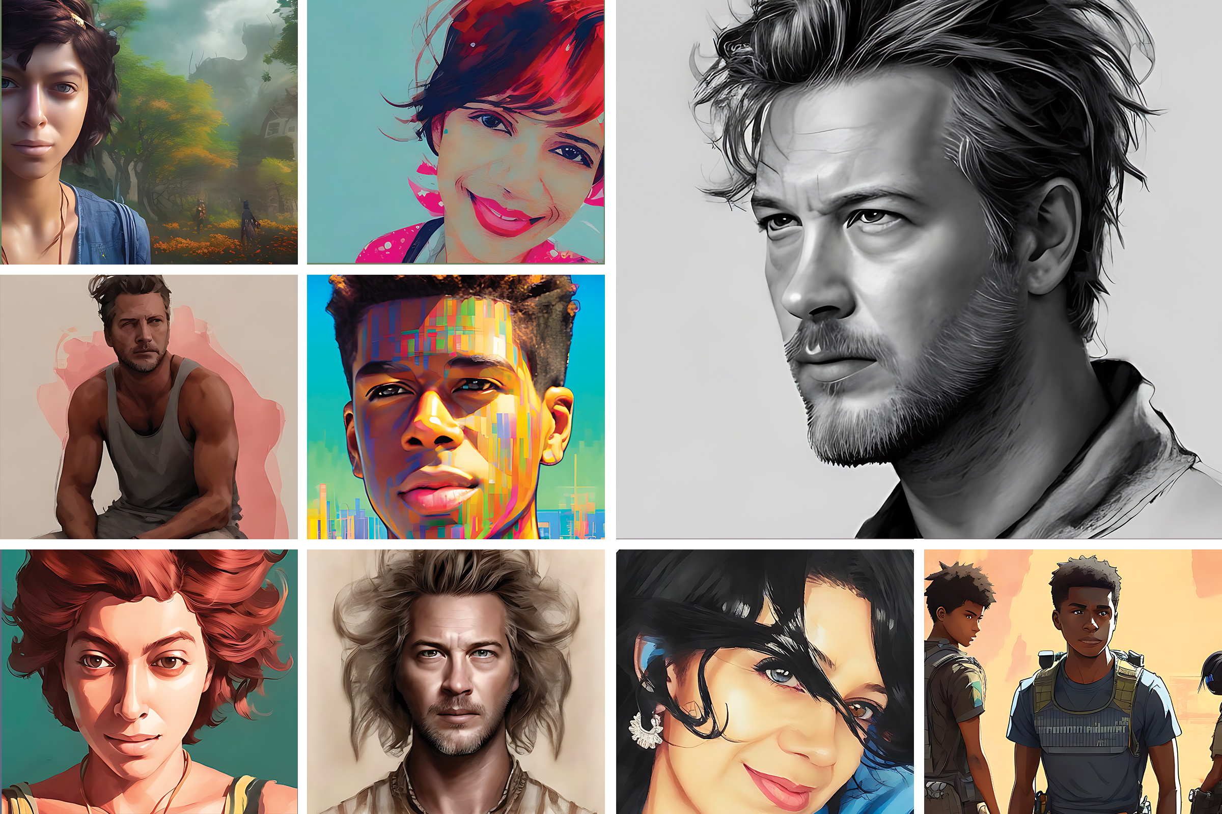 A selection of male and female "Magic Avatars" generated by the Lensa AI app.
