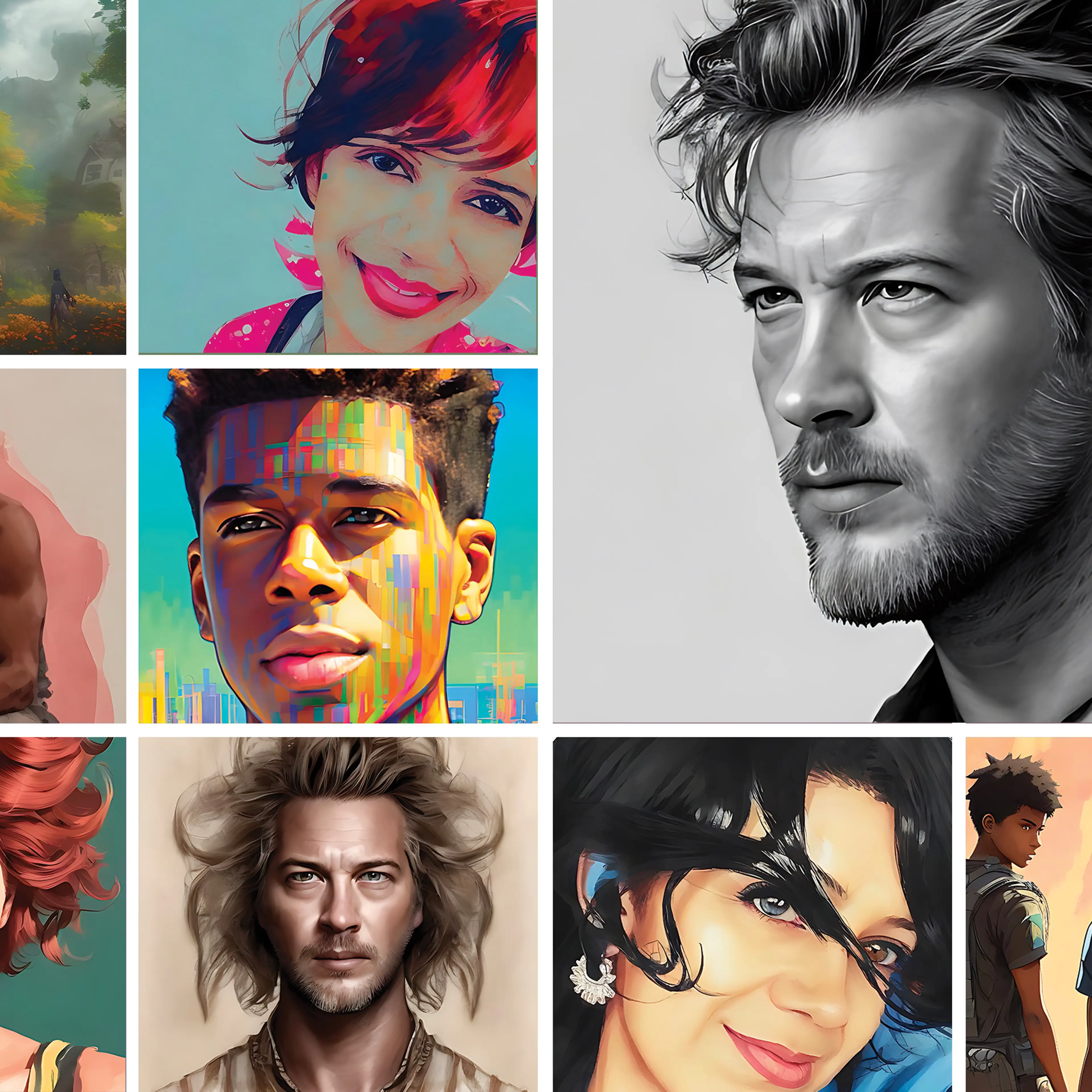 A selection of male and female "Magic Avatars" generated by the Lensa AI app.