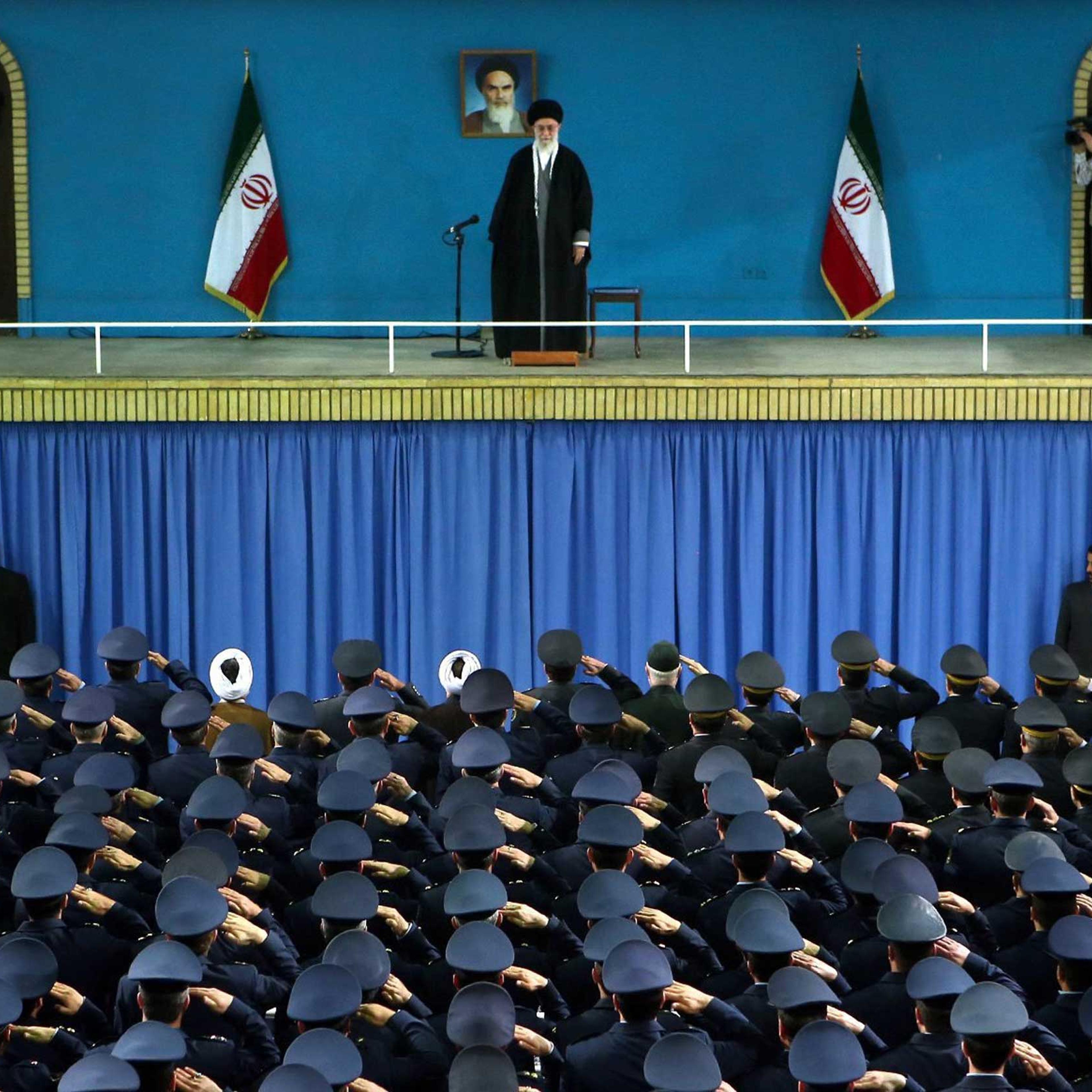 Army air force officers salute Supreme Leader Ayatollah Ali Khamenei during a ceremony in Tehran, Feb. 8, 2015.