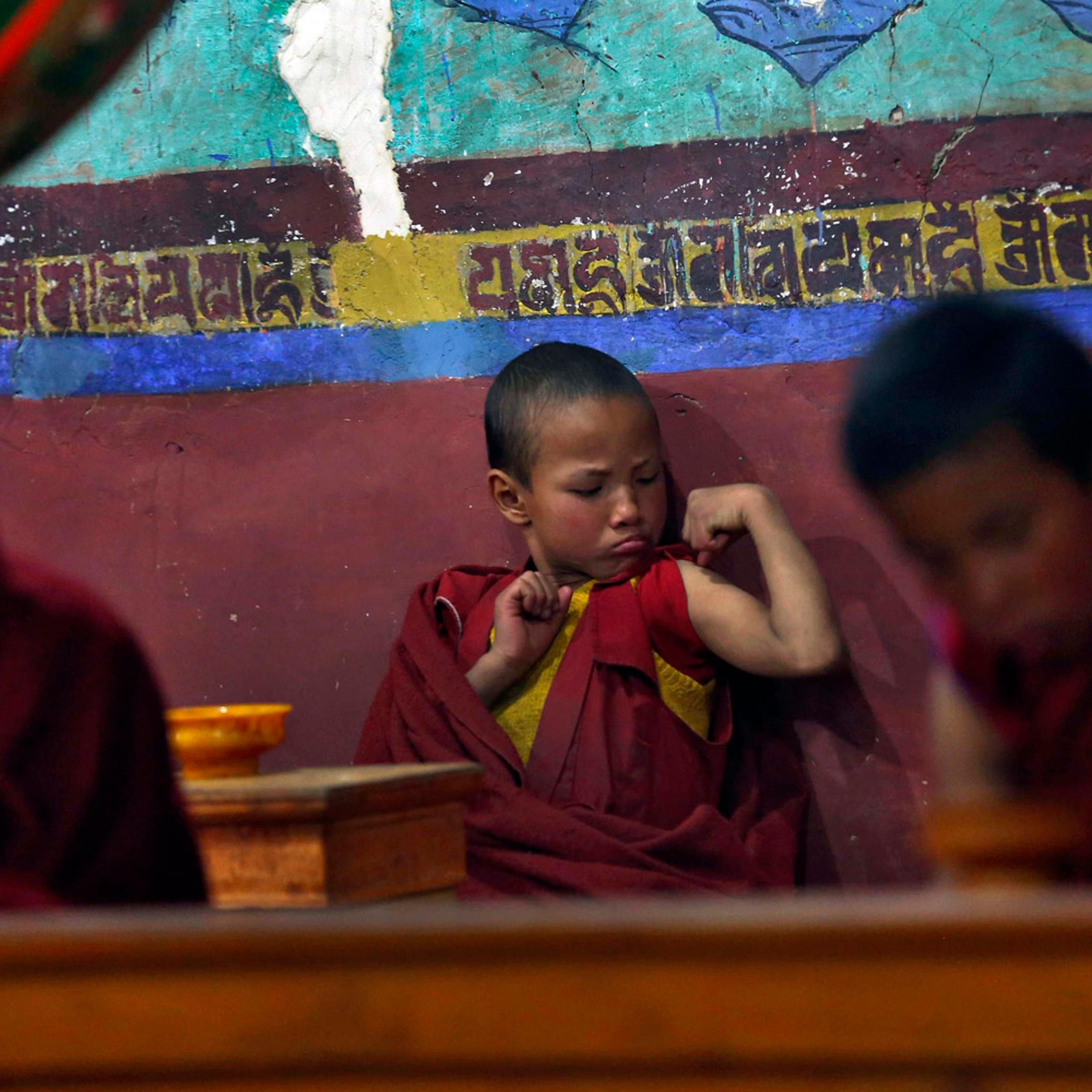A young Buddhist monk flexes his muscles during morning prayers at Thikse Monastery