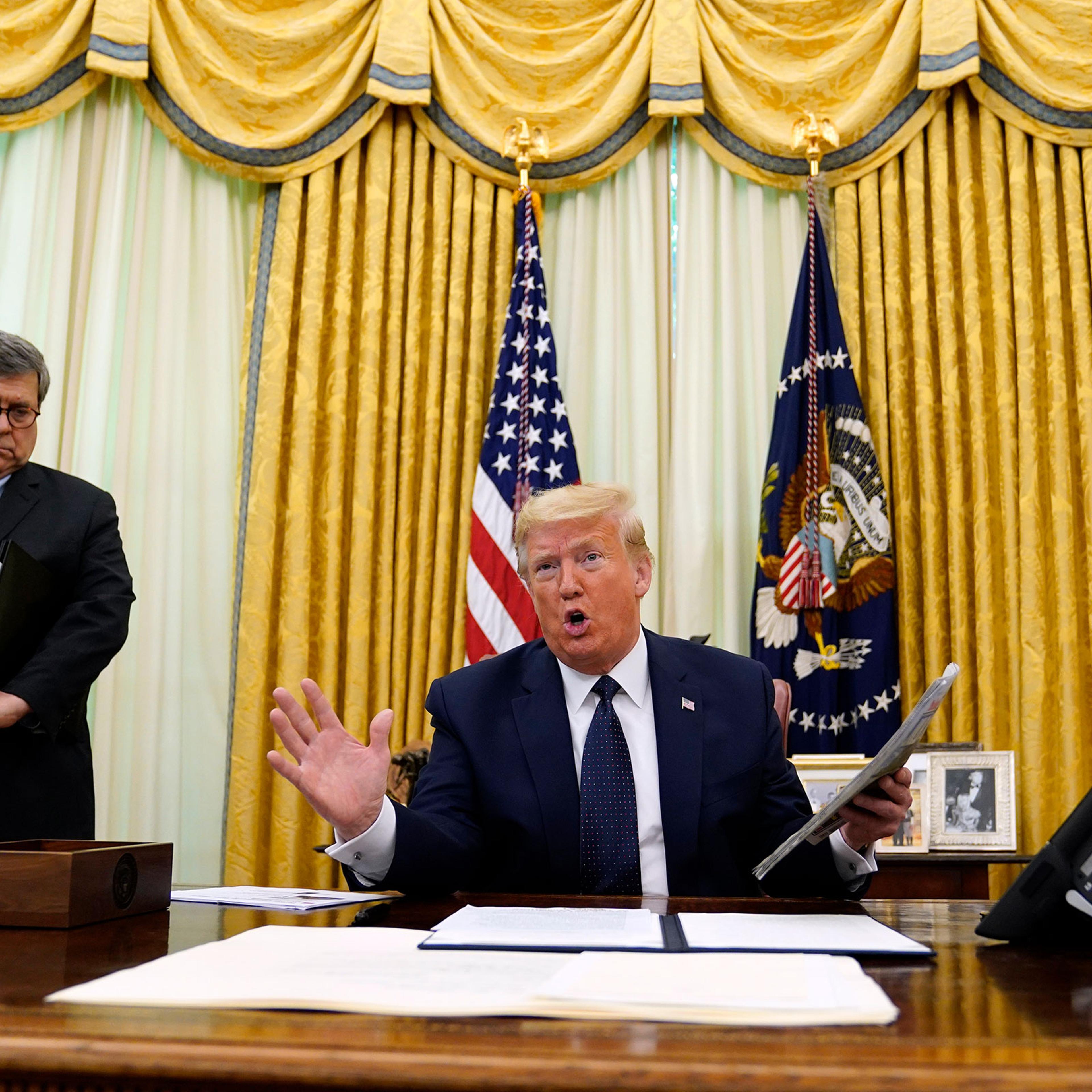 President Donald Trump speaks before signing an executive order aimed at curbing protections for social media giants, in the Oval Office
