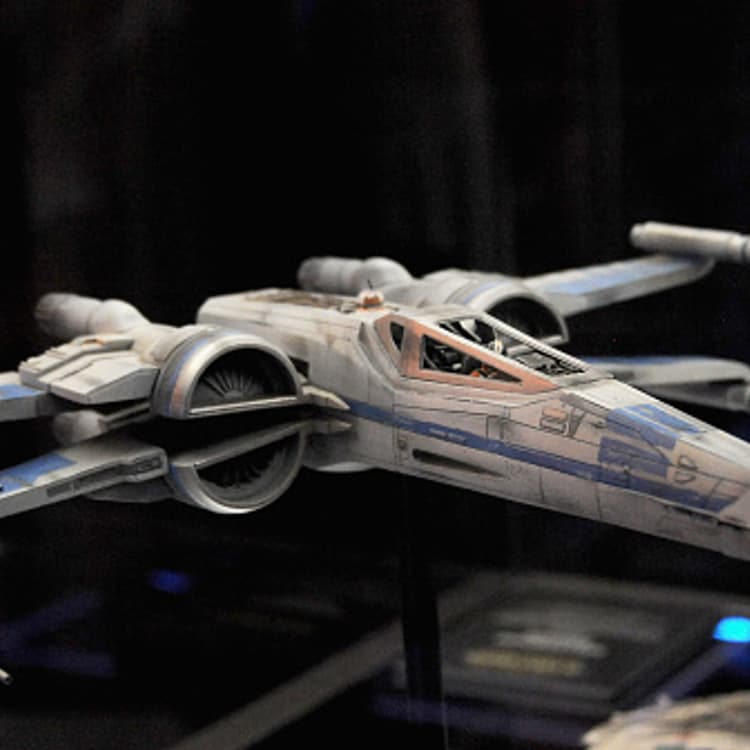 The new improved Rebel XWing Fighter on display inside the 'Star Wars The Force Awakens' exhibit on Day One of Disney's 2015 Star Wars Celebration held at the Anaheim Convention Center on April 16, 2015 in Anaheim, California.