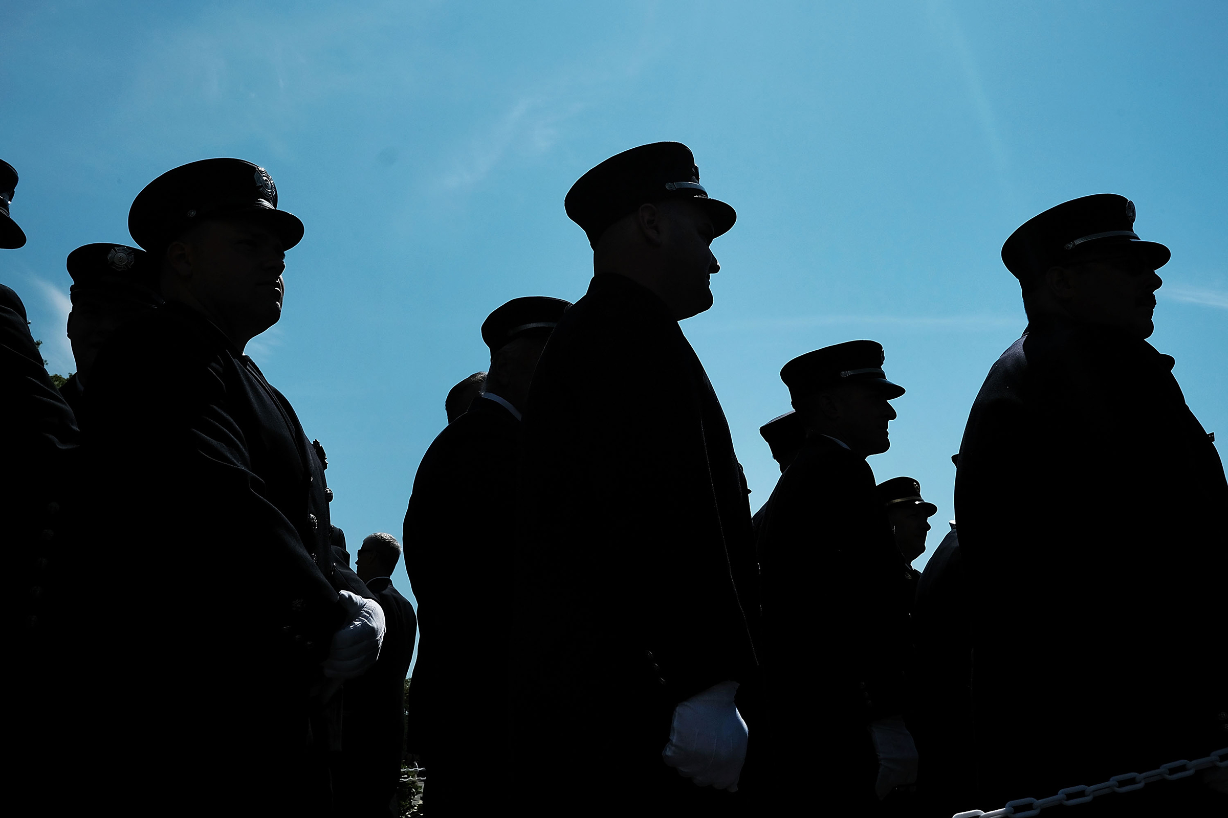 Firefighters gather for the funeral of retired FDNY firefighter Ray Pfeifer in Hicksville, N.Y., on June 2, 2017. Pfeifer, 59, fought a years-long battle with cancer attributed to his work at Ground Zero after the 9/11 terrorist attacks.