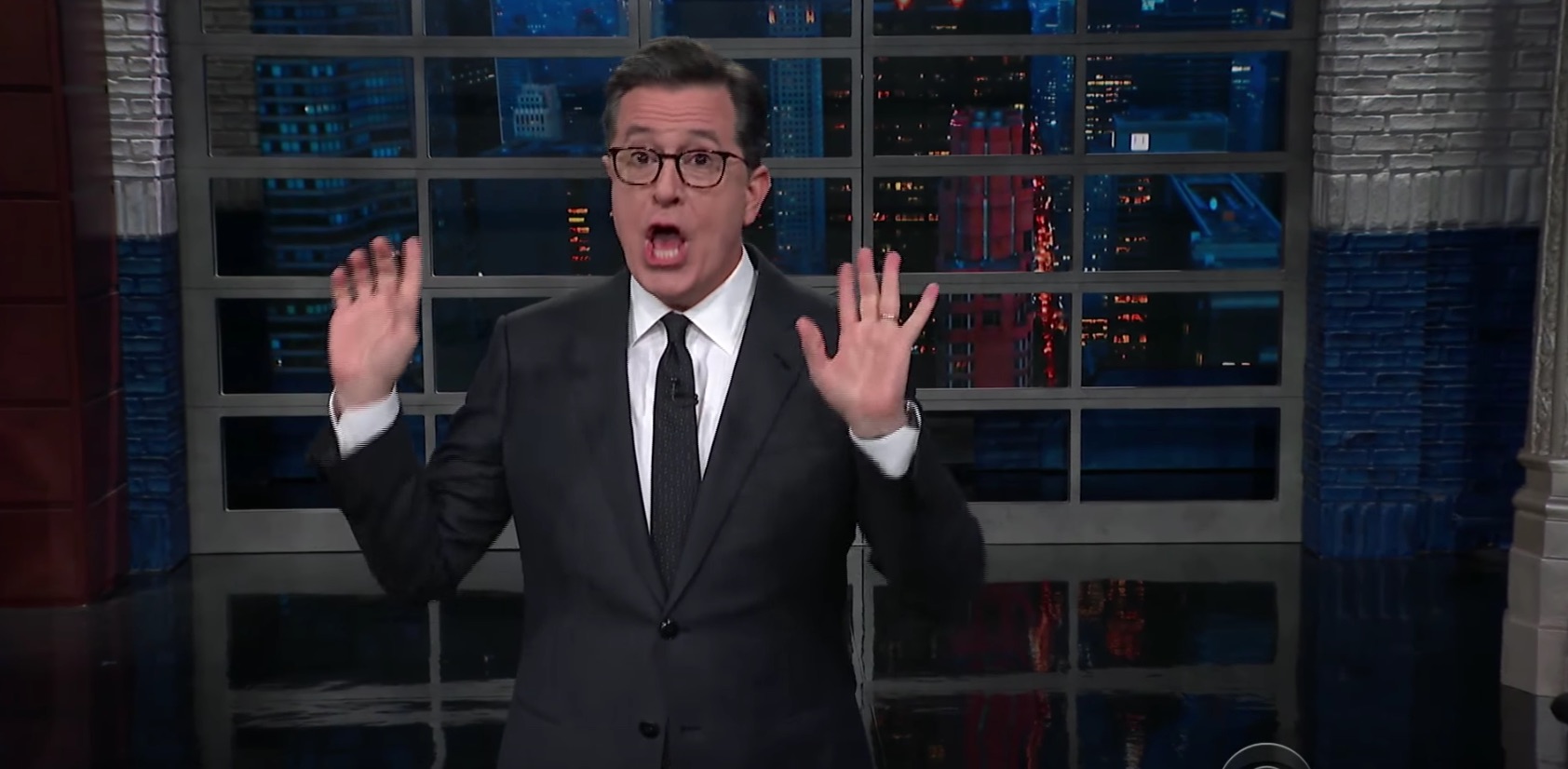 Stephen Colbert mocks Trump's claim about running into the Florida school unarmed on The Late Show.