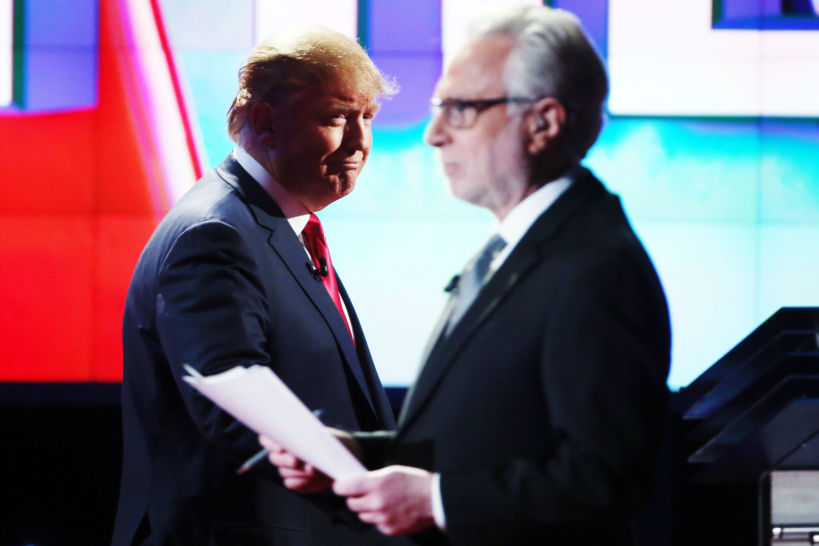 Republican presidential candidate Donald Trump and CNN anchor Wolf Blitzer at the Republican presidential debate on Dec. 15, 2015 in Las Vegas.
