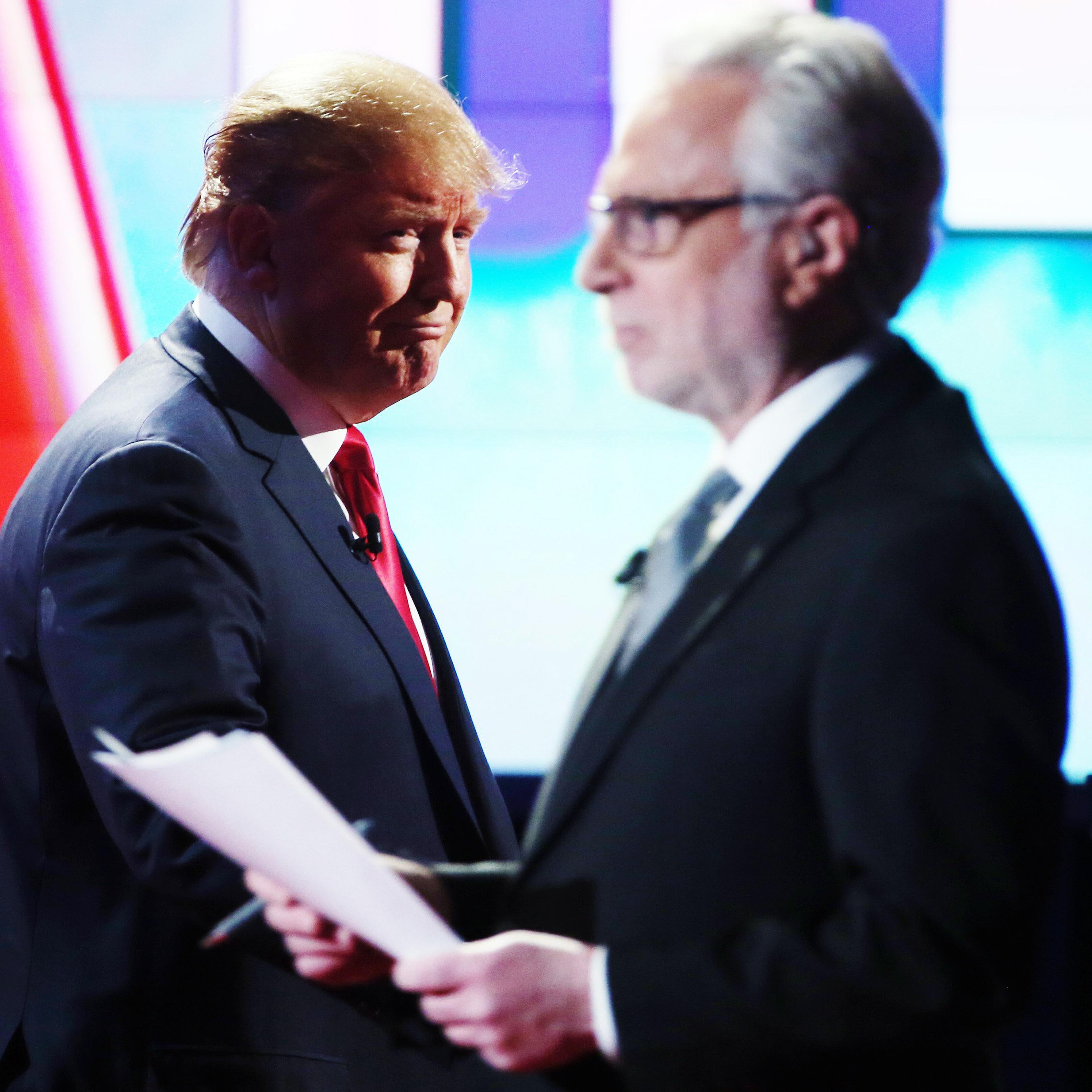 Republican presidential candidate Donald Trump and CNN anchor Wolf Blitzer at the Republican presidential debate on Dec. 15, 2015 in Las Vegas.