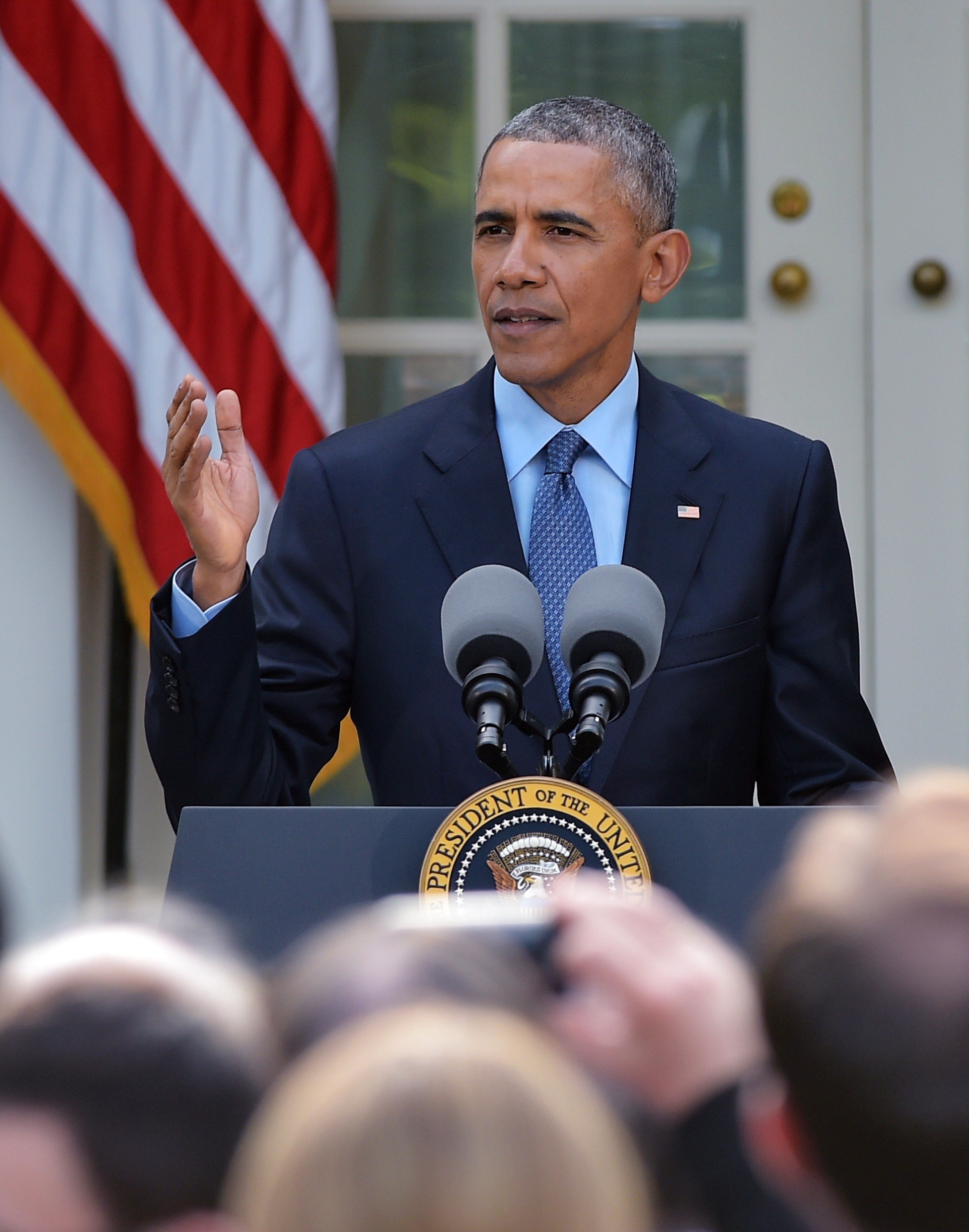 President Barack Obama speaks during a reception for supporters of H.R. 2, the Medicare Access and CHIP Reauthorization Act of 2015, in the Rose Garden of the White House on April 21, 2015 in Washington.