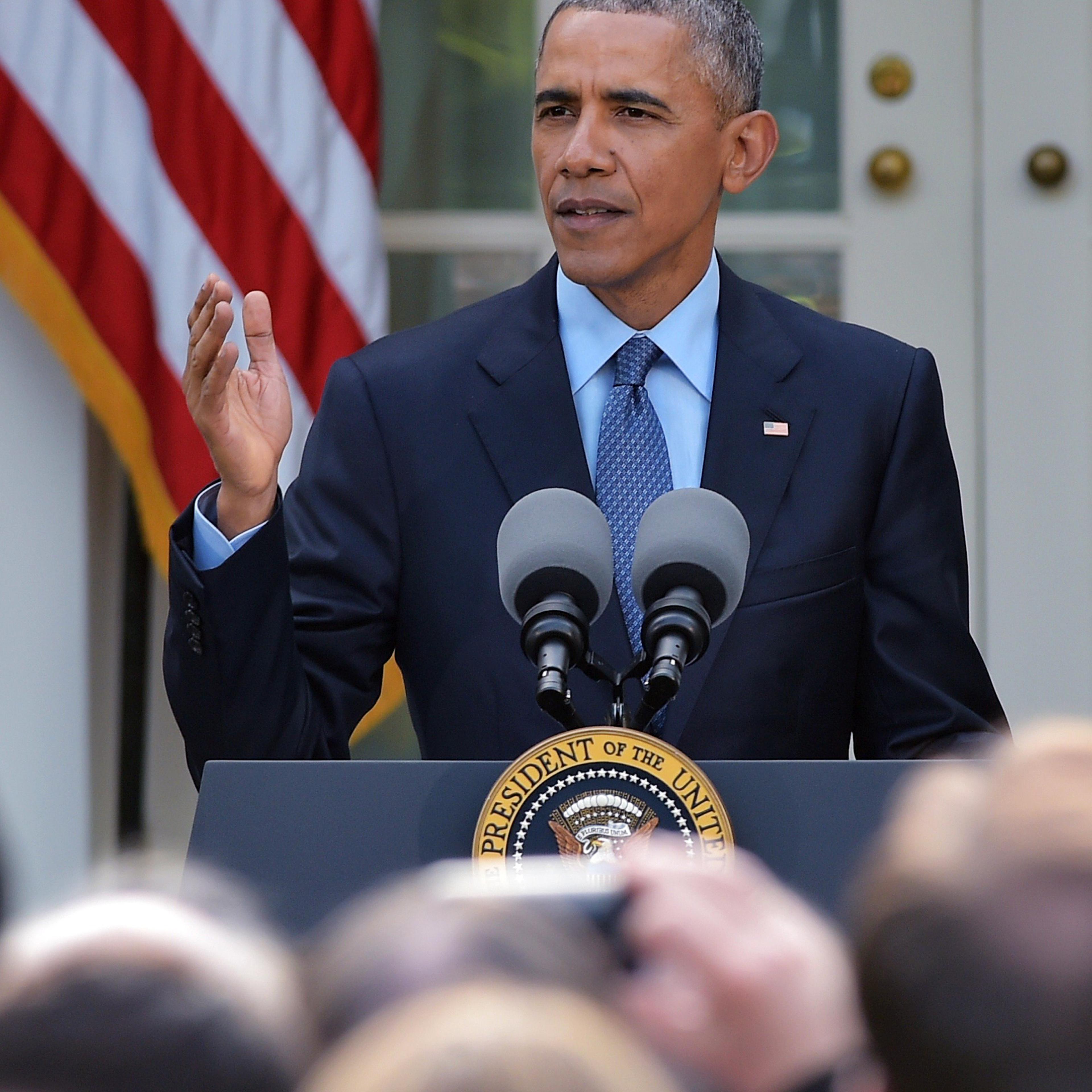 President Barack Obama speaks during a reception for supporters of H.R. 2, the Medicare Access and CHIP Reauthorization Act of 2015, in the Rose Garden of the White House on April 21, 2015 in Washington.