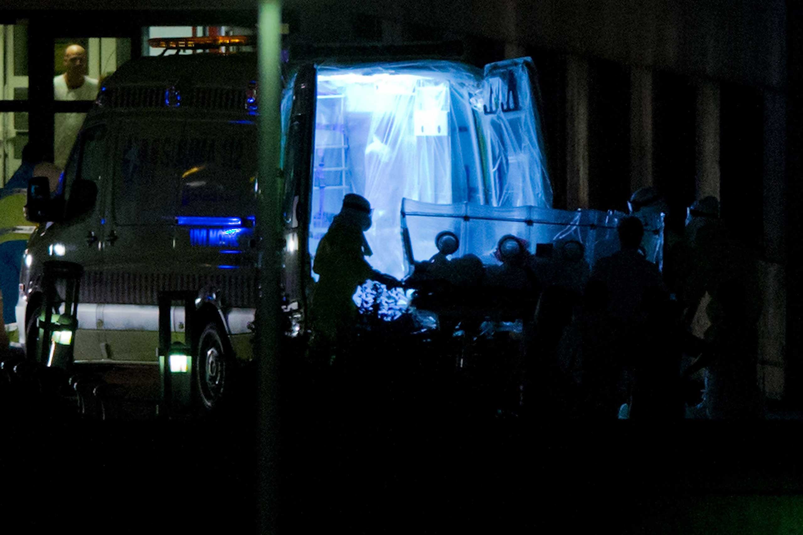 A Spanish nurse infected with Ebola is moved to Carlos III Hospital from Alcorcon Hospital on Oct. 7, 2014 in Madrid, Spain.