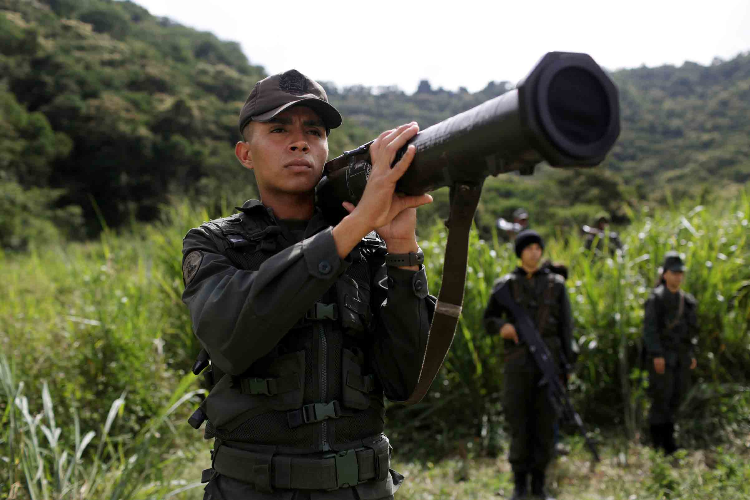 Member of the National Bolivarian Armed Forces holds AT4 during military exercises in Caracas