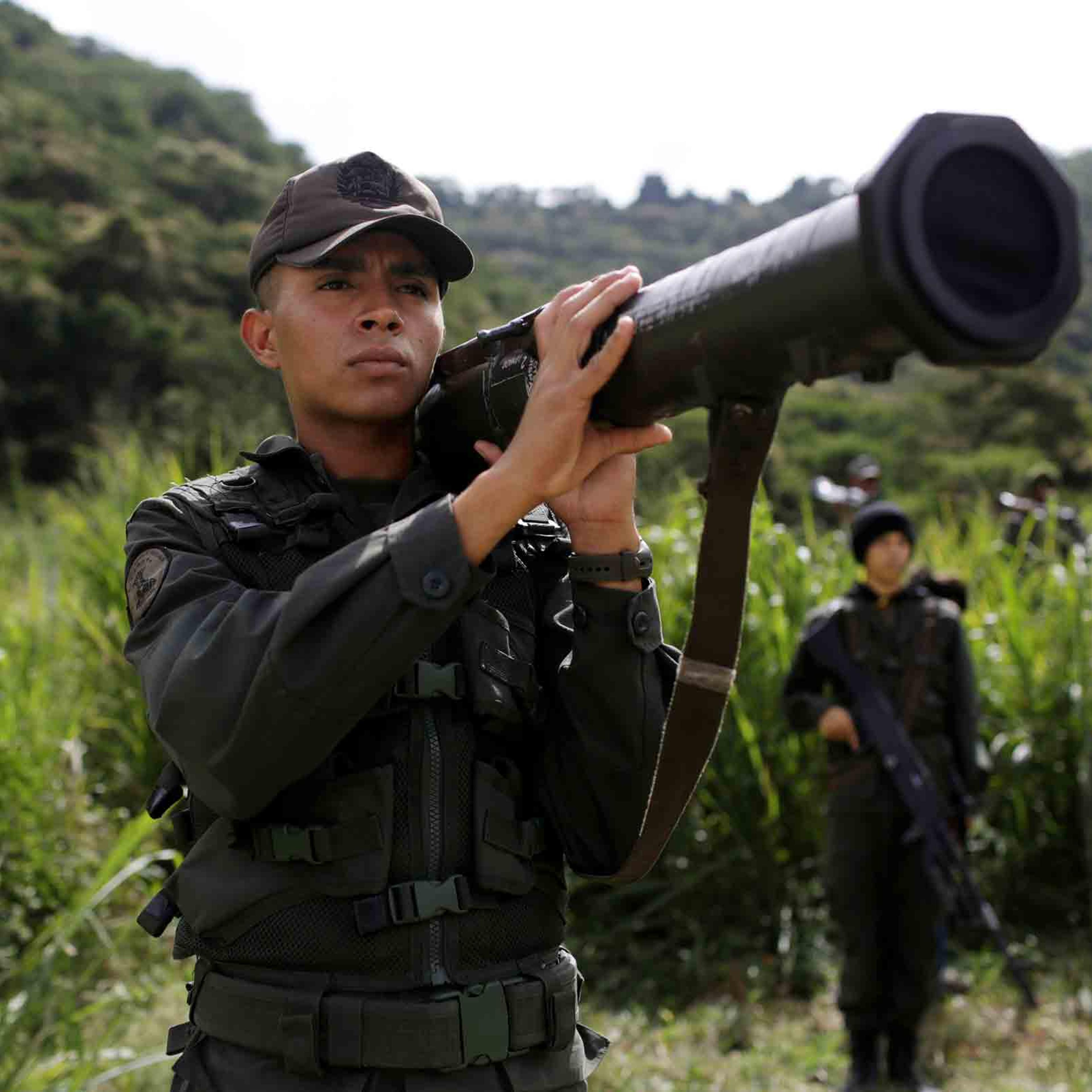 Member of the National Bolivarian Armed Forces holds AT4 during military exercises in Caracas